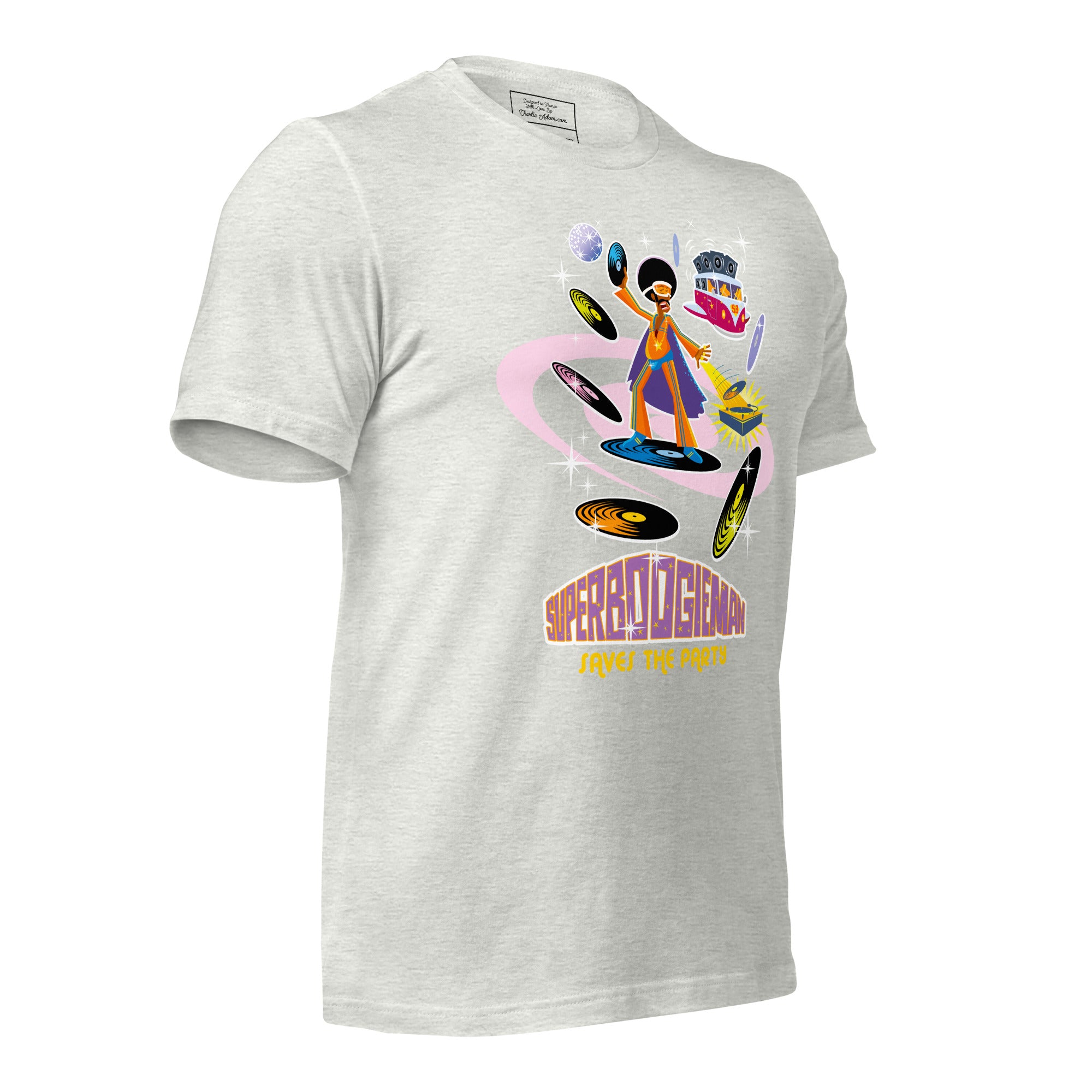 T-shirt en coton unisexe Superboogieman saves the party sur couleurs chinées claires