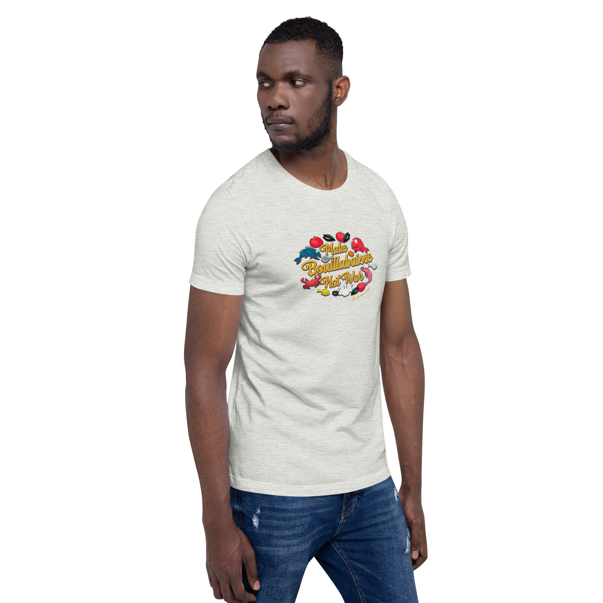 T-shirt en coton unisexe Make Bouillabaisse Not War Oh Bonne Mer sur couleurs chinées claires