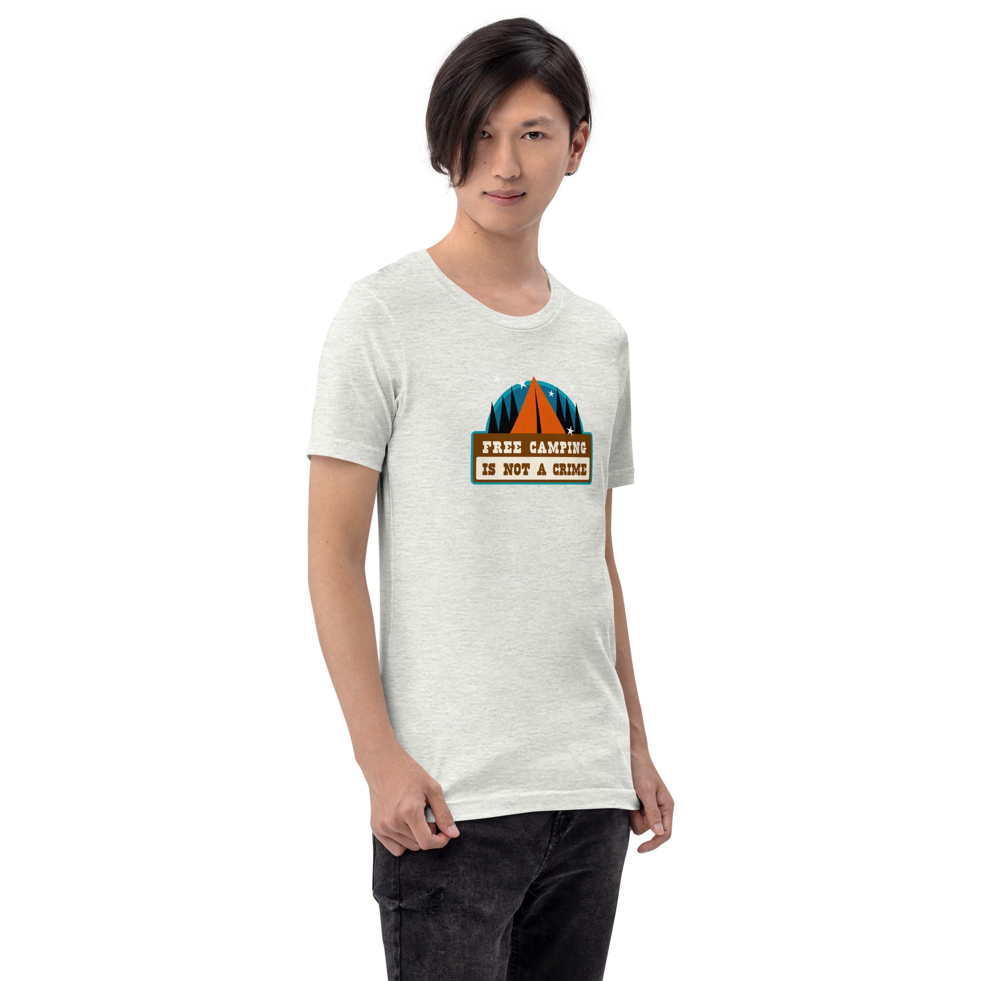 T-shirt en coton unisexe Free camping is not a crime sur couleurs chinées claires