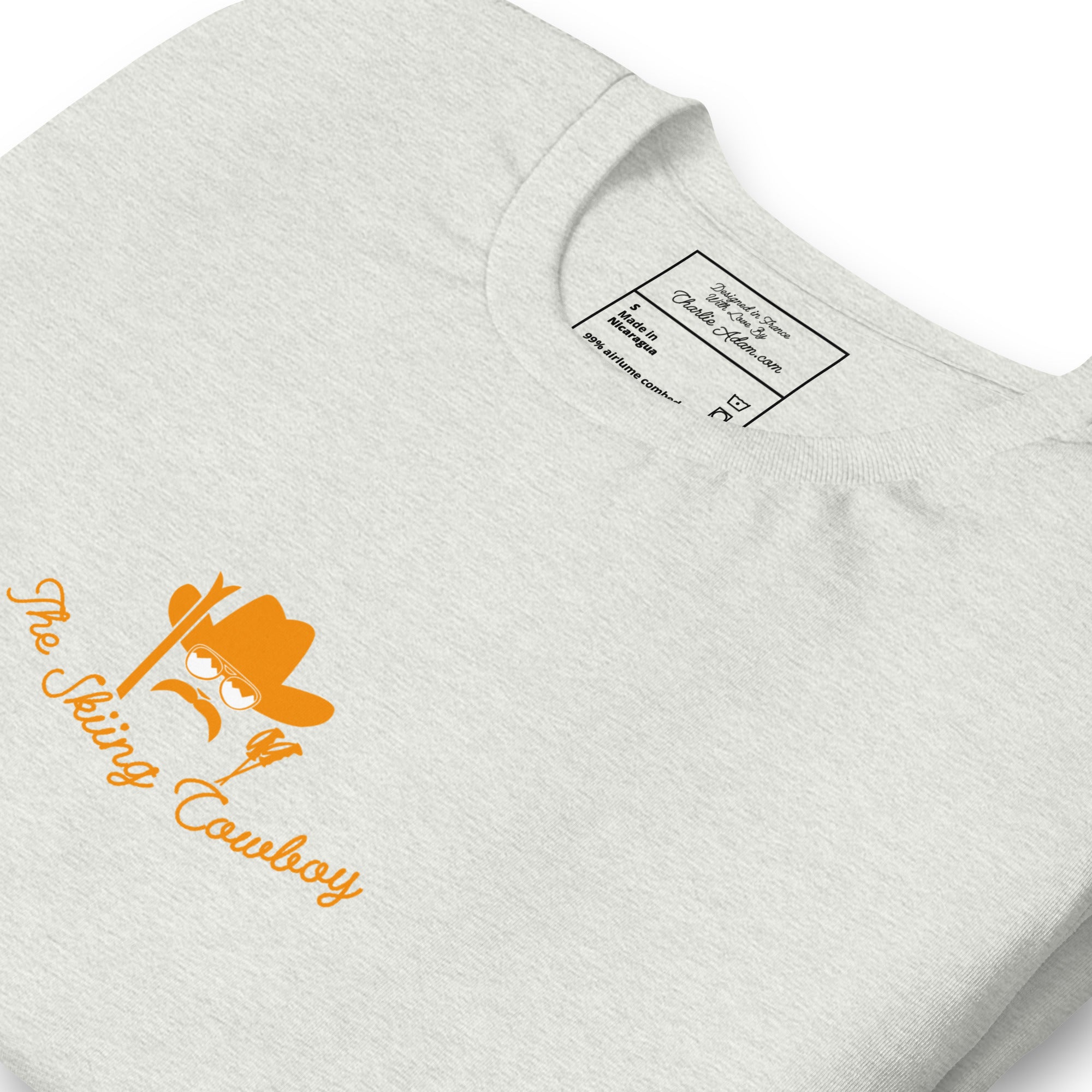 T-shirt en coton unisexe Skiing Cowboy (face) & Ski Fight at OK Corral Outline (dos) sur couleurs chinées claires