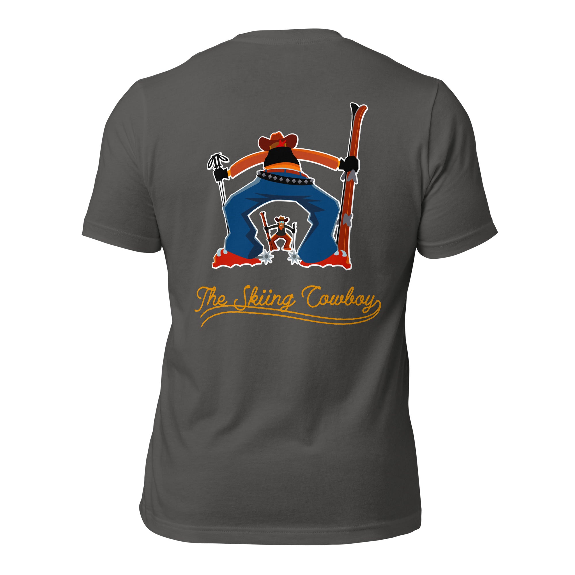 Unisex t-shirt Skiing Cowboy (front) & Ski Fight at OK Corral Outline (back)