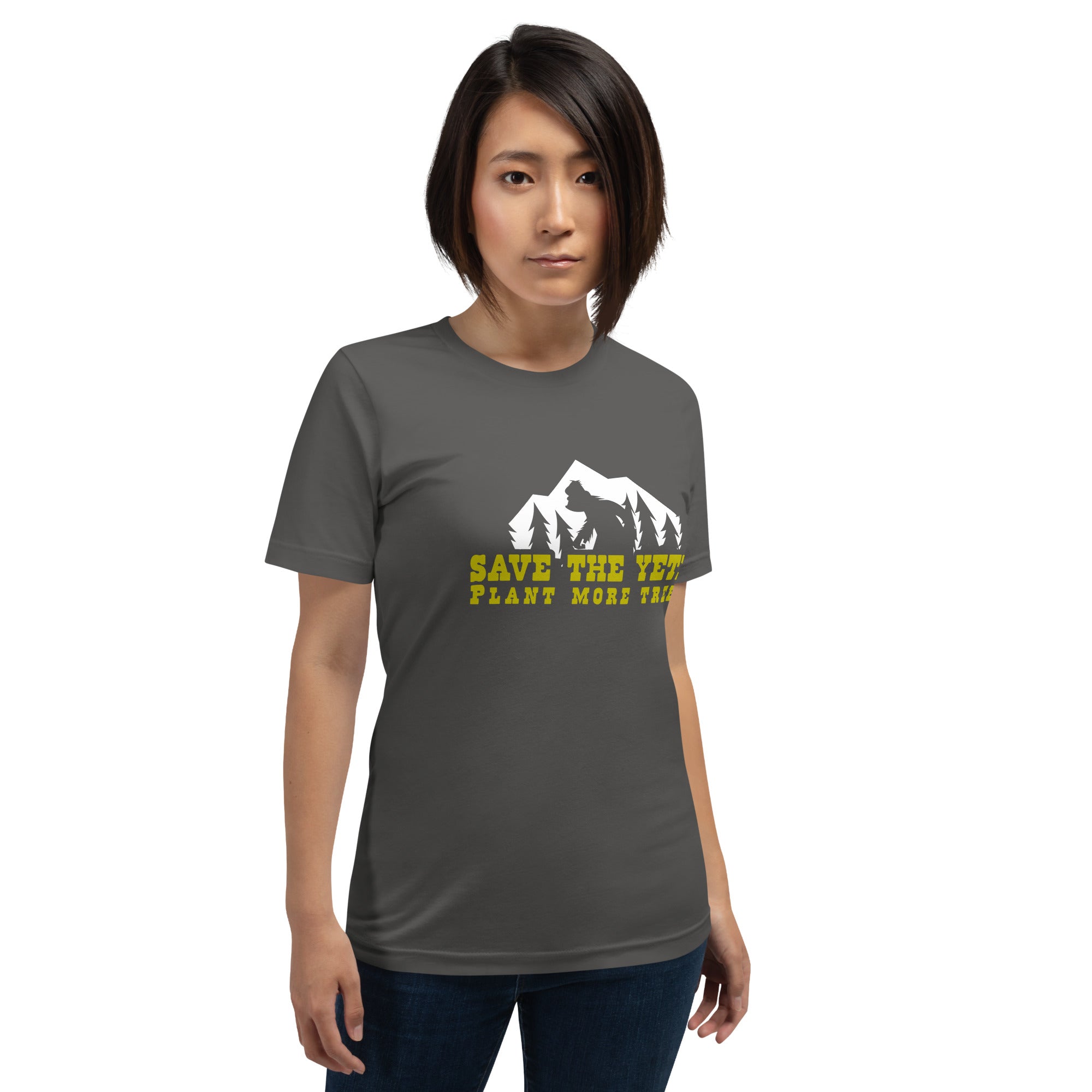 Unisex cotton t-shirt Save the Yetis Plant more Trees on dark colors (front & back)