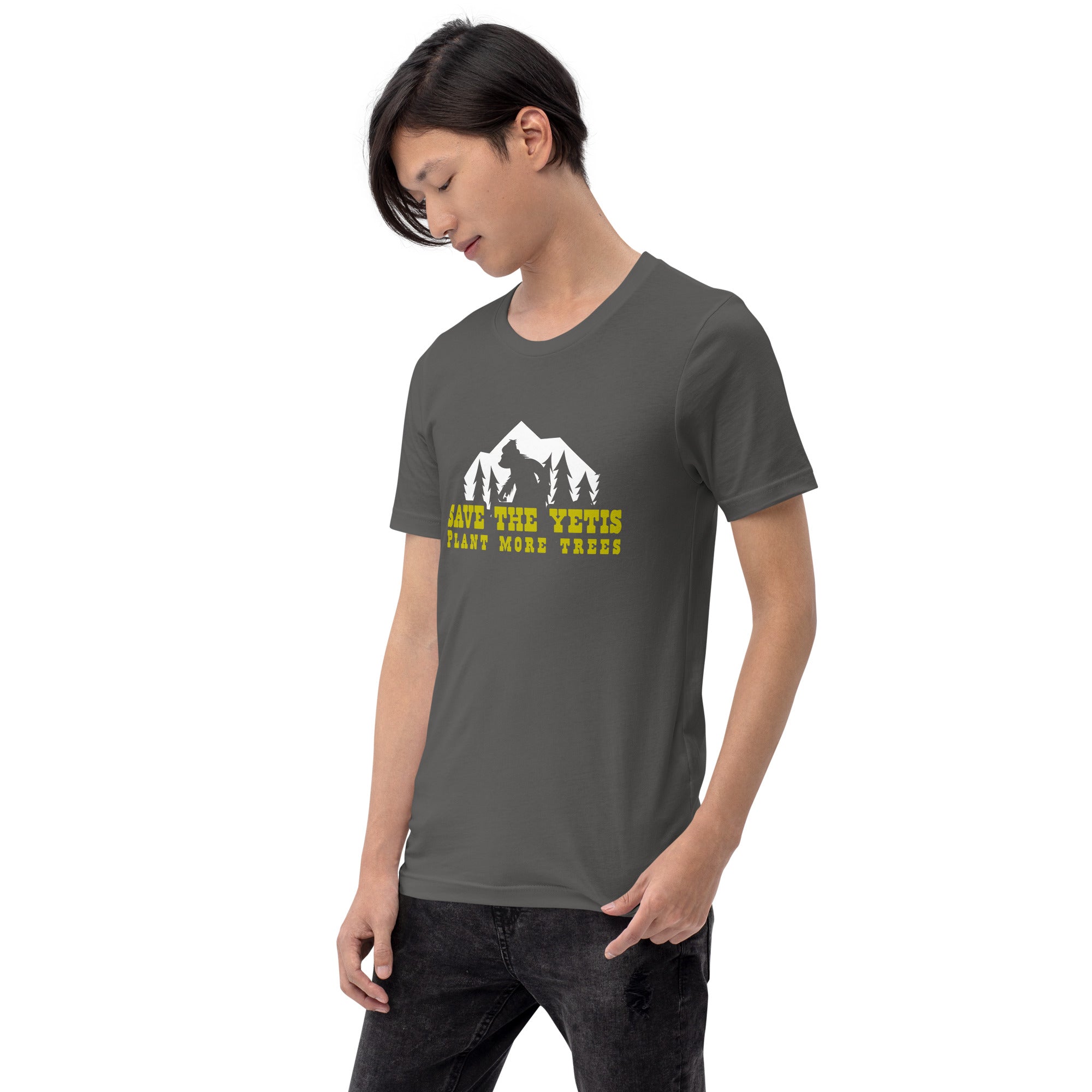 Unisex cotton t-shirt Save the Yetis Plant more Trees on dark colors (front & back)