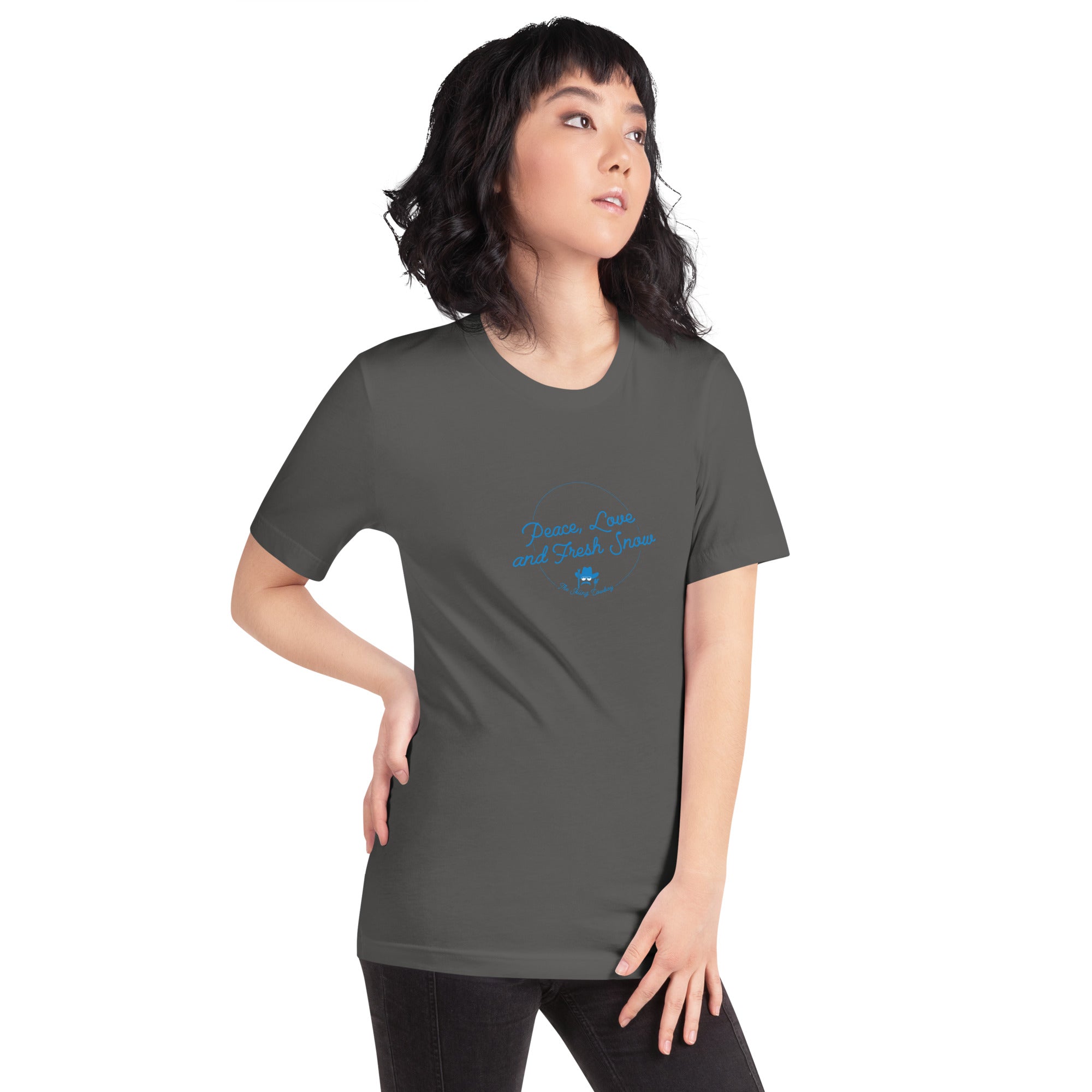 Unisex cotton t-shirt Peace, Love and Fresh Snow on dark colors