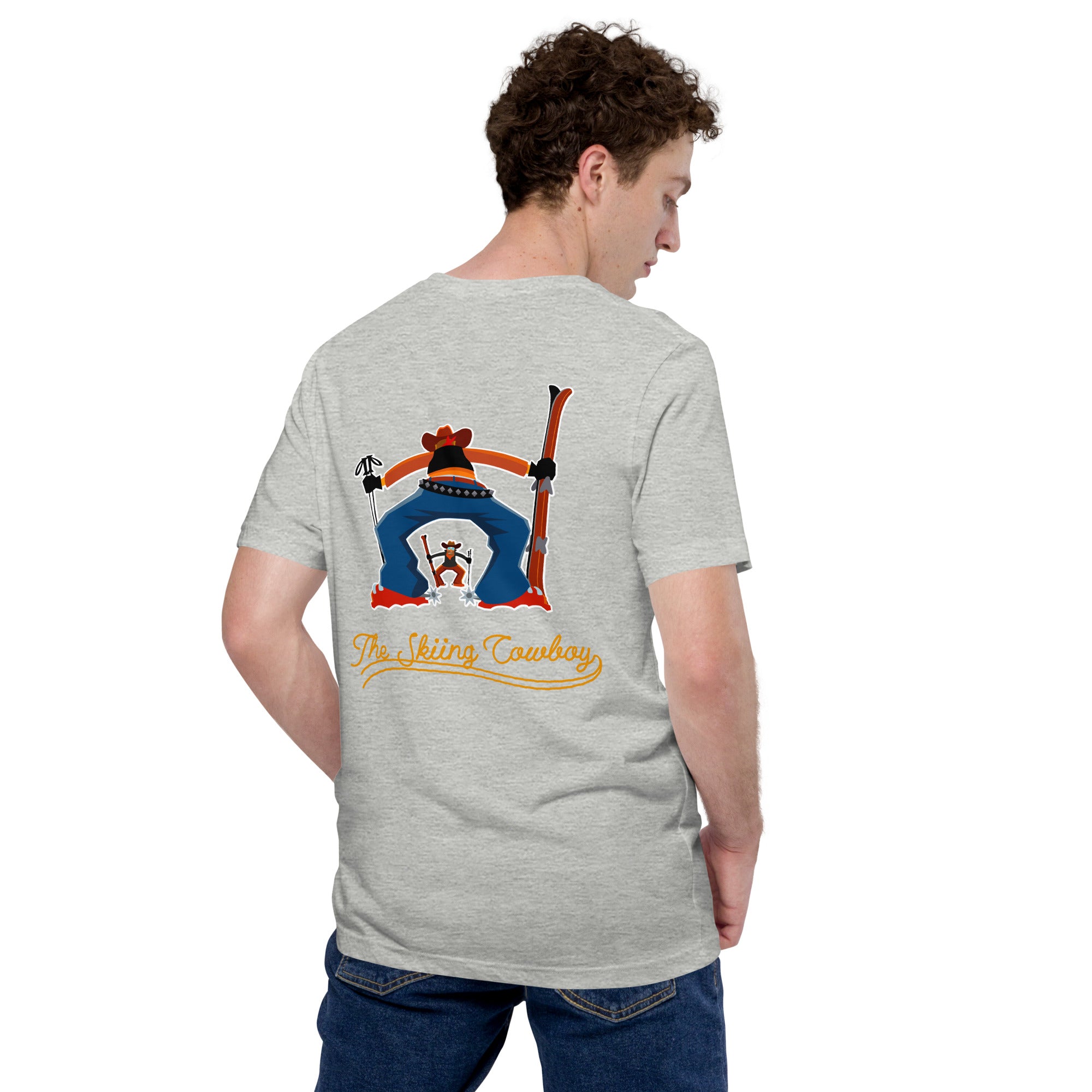 T-shirt en coton unisexe Skiing Cowboy (face) & Ski Fight at OK Corral Outline (dos) sur couleurs chinées claires