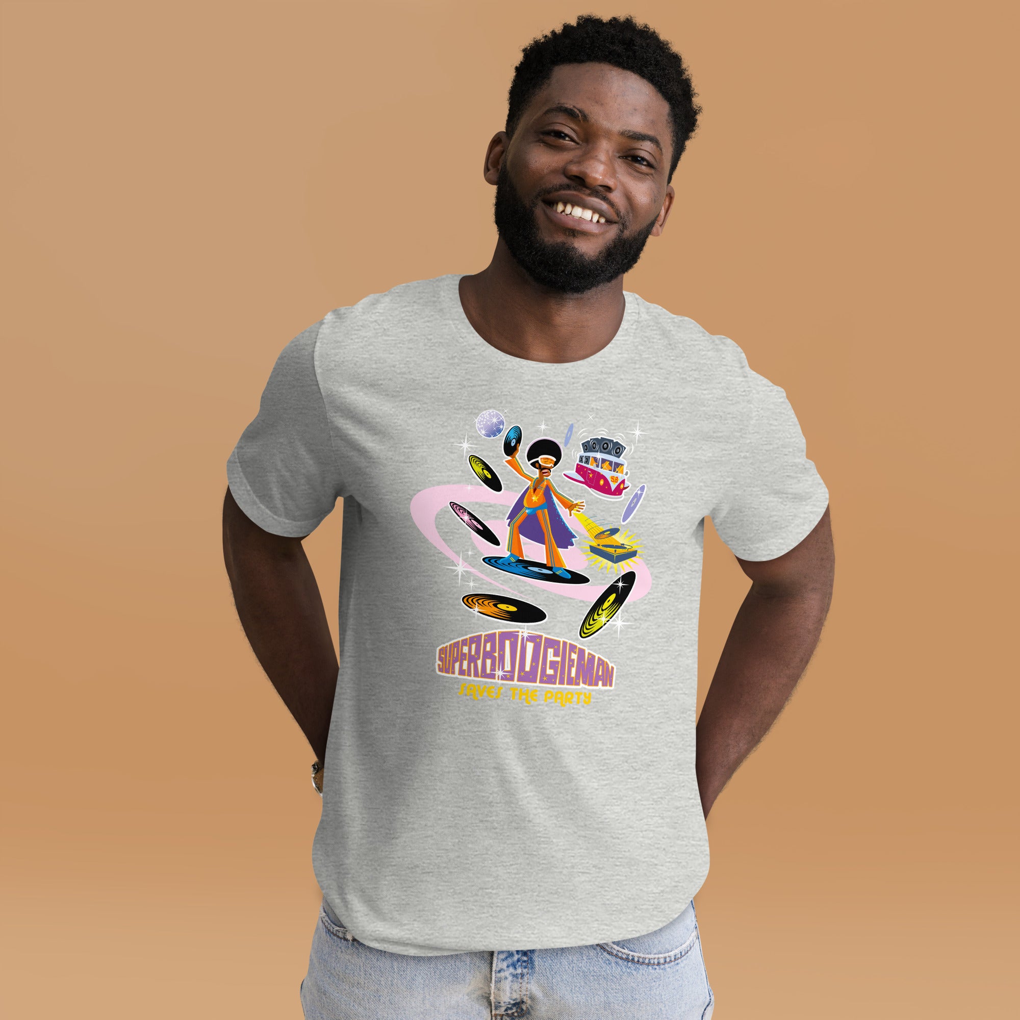 T-shirt en coton unisexe Superboogieman saves the party sur couleurs chinées claires