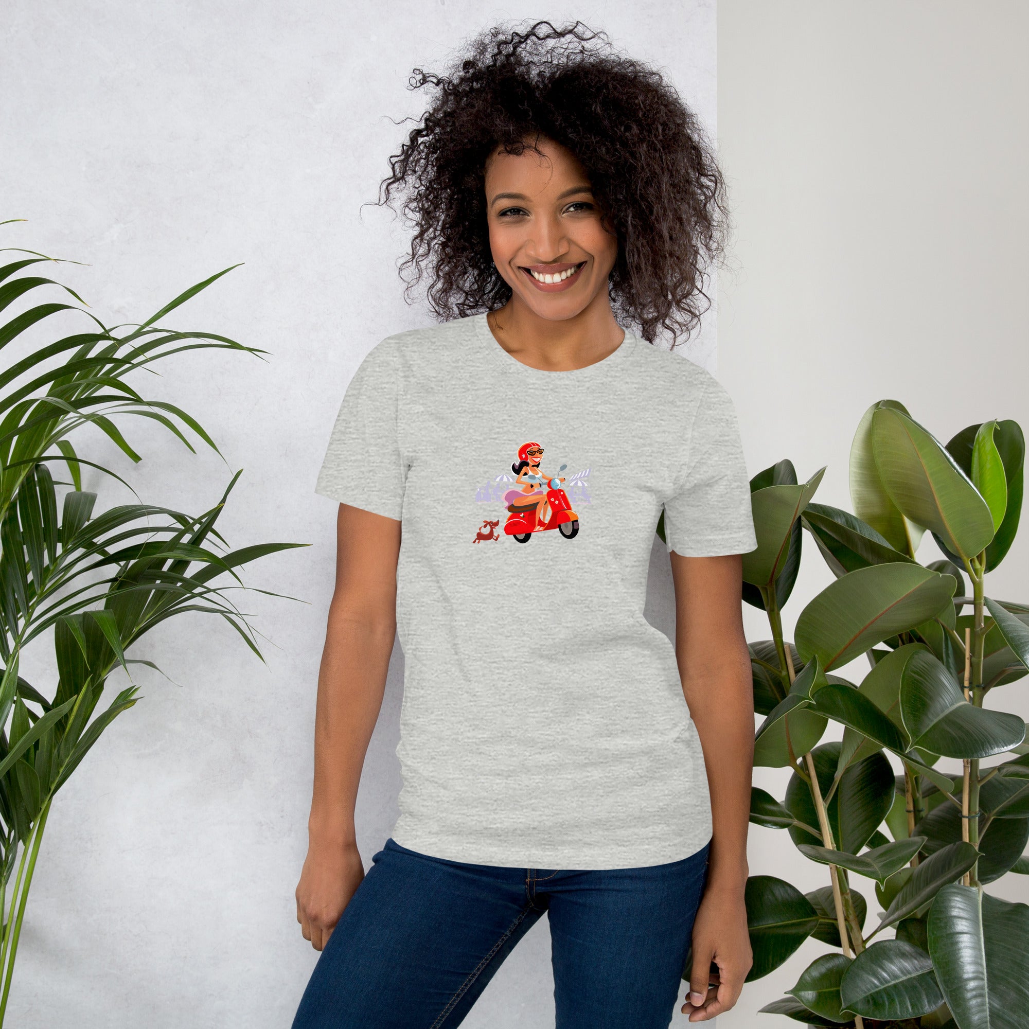 T-shirt en coton unisexe Vespa Girl in St Tropez sur couleurs chinées claires