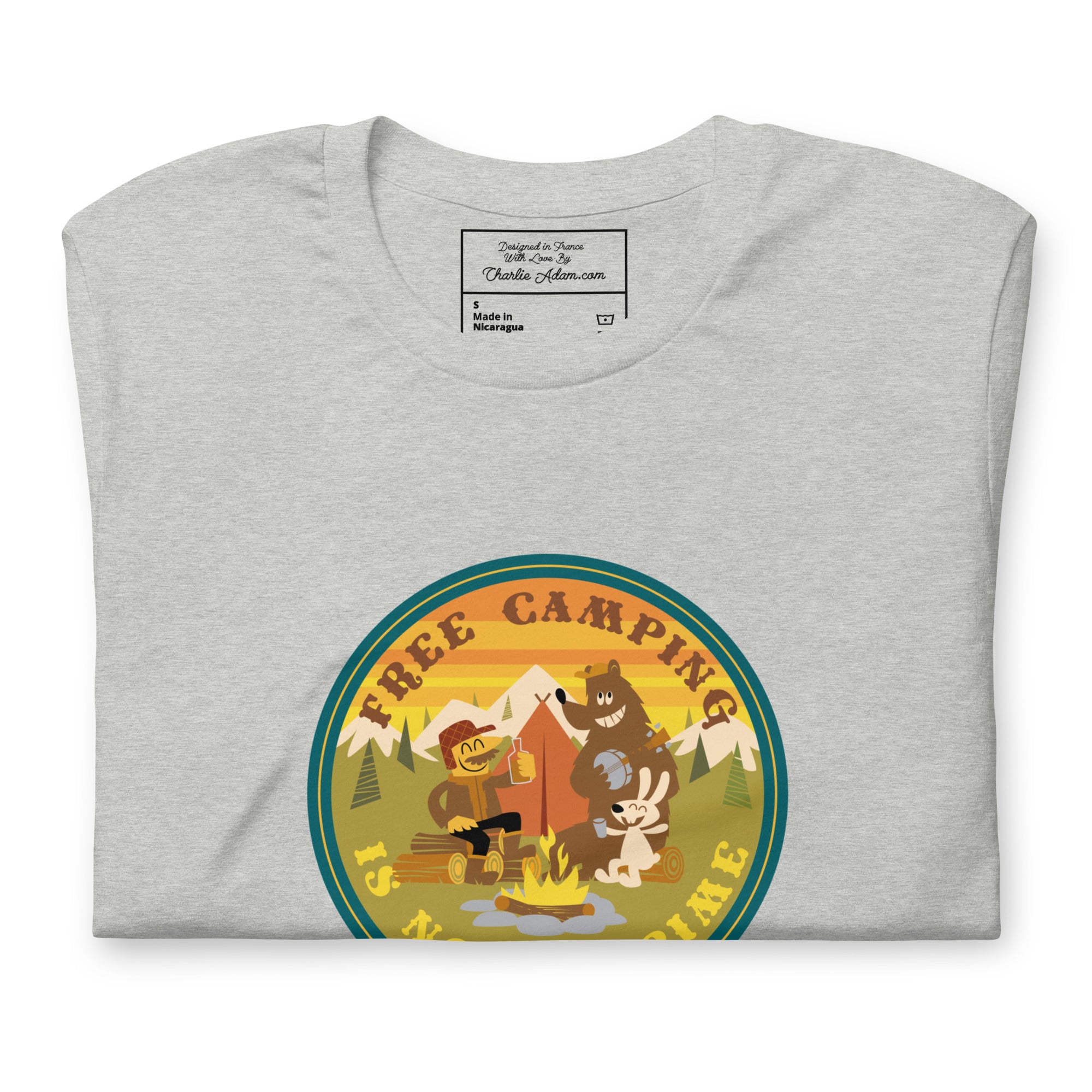 T-shirt en coton unisexe Free Camping is not a crime sur fonds chinés clairs