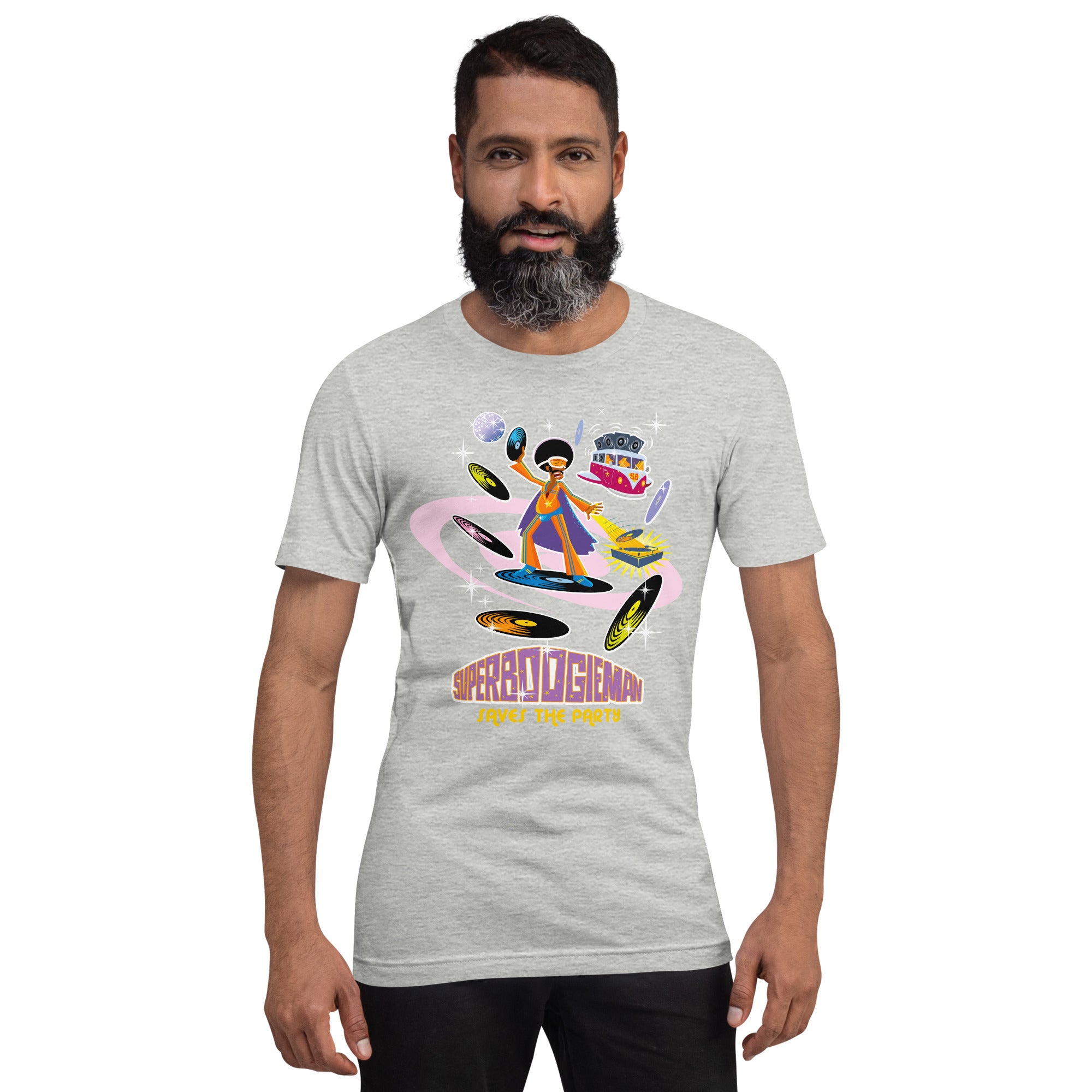 T-shirt en coton unisexe Superboogieman saves the party sur couleurs chinées claires