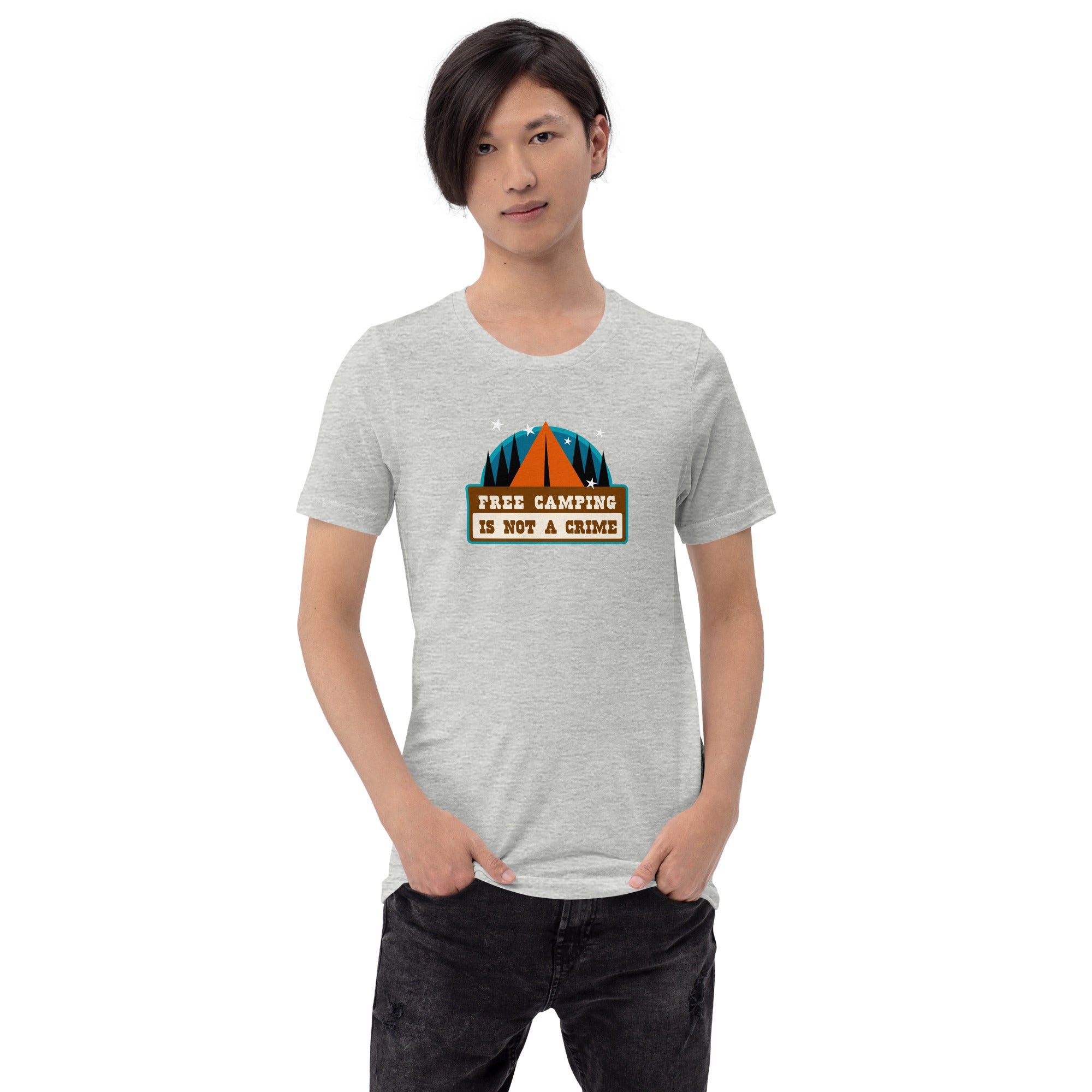 T-shirt en coton unisexe Free camping is not a crime sur couleurs chinées claires