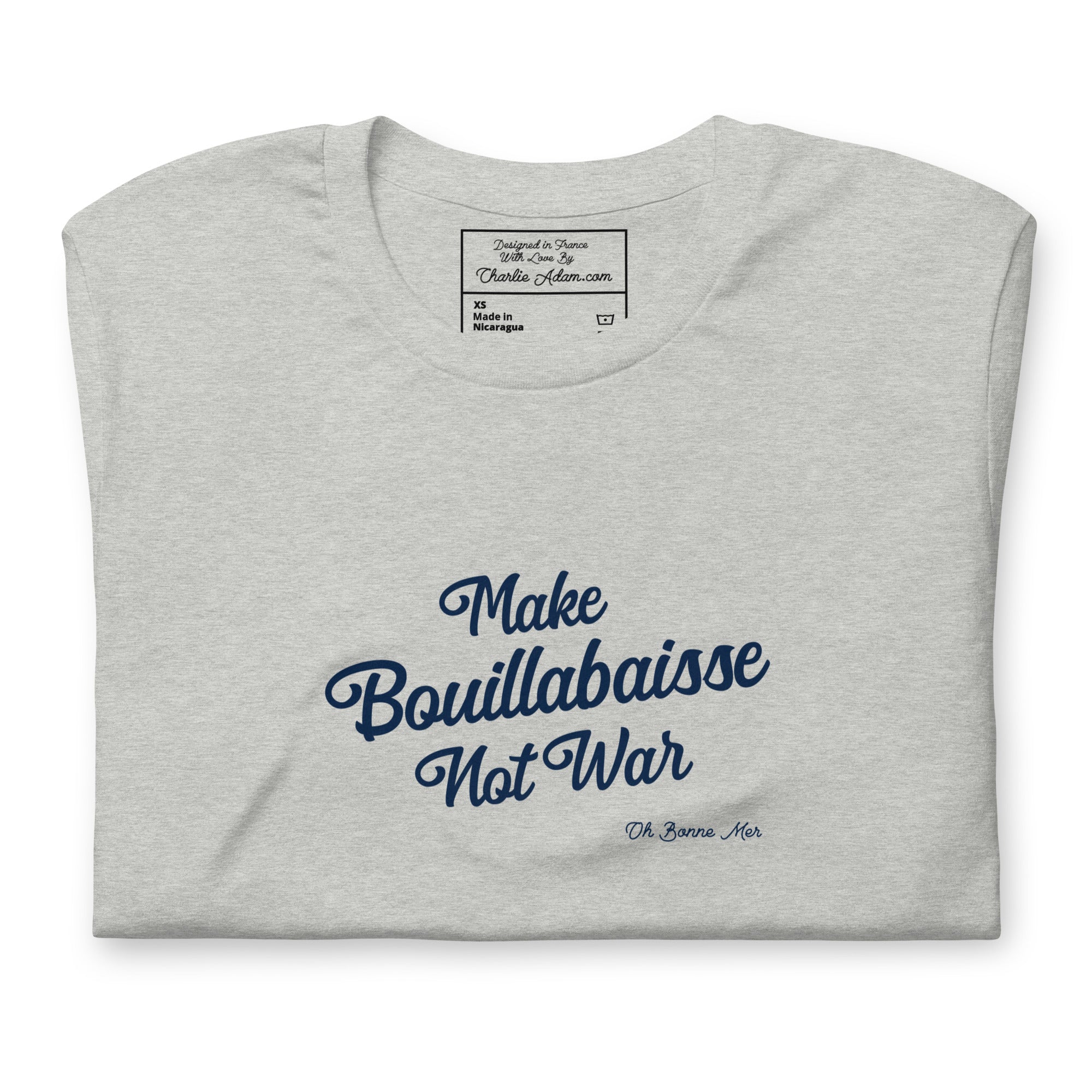 T-shirt en coton unisexe Make Bouillabaisse Not War Text Only sur couleurs chinées claires