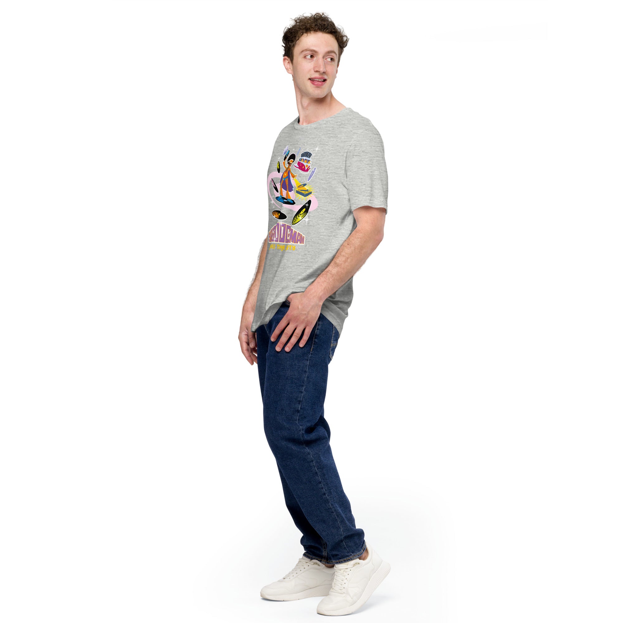 T-shirt en coton unisexe Superboogieman saves the party sur couleurs chinées claires