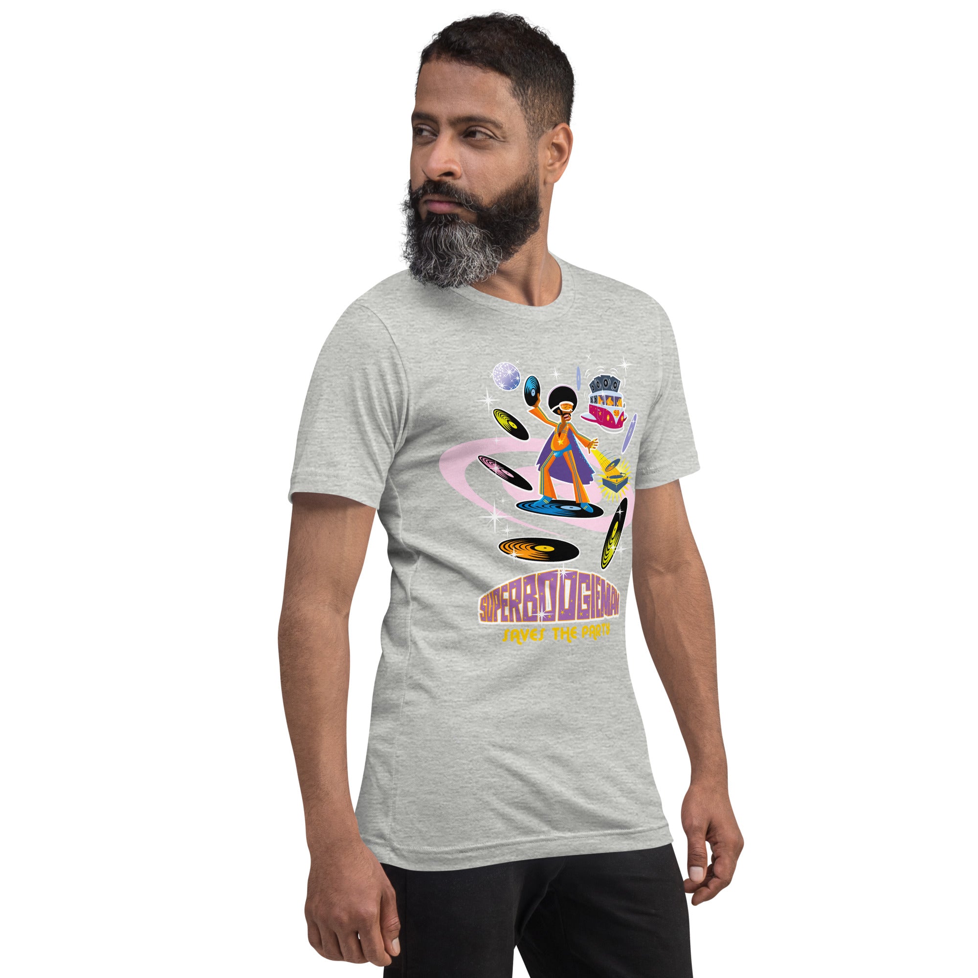 T-shirt en coton unisexe Superboogieman saves the party sur couleurs chinées claires