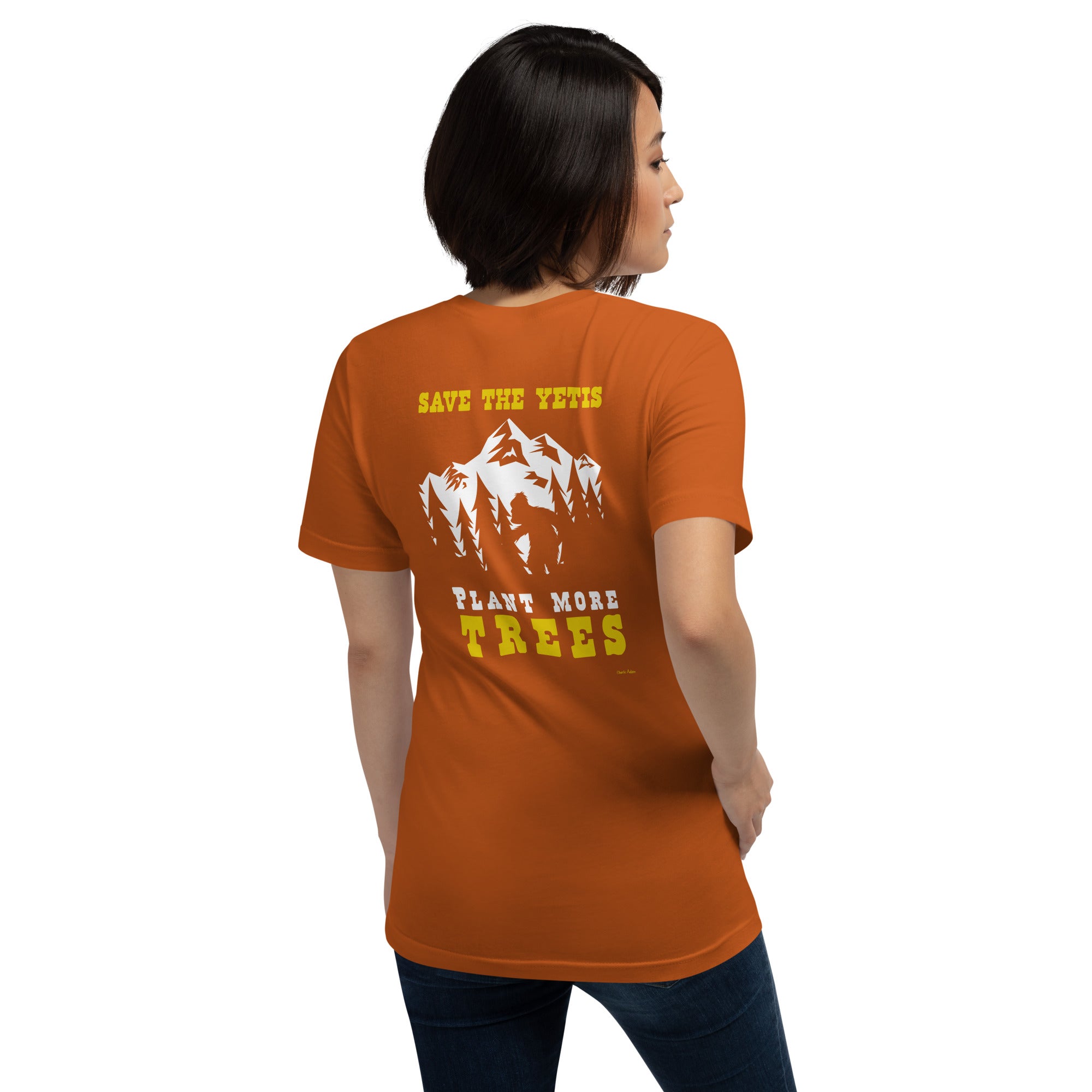 T-shirt en coton unisexe Save the Yetis Plant more Trees sur couleurs vives (face & dos)