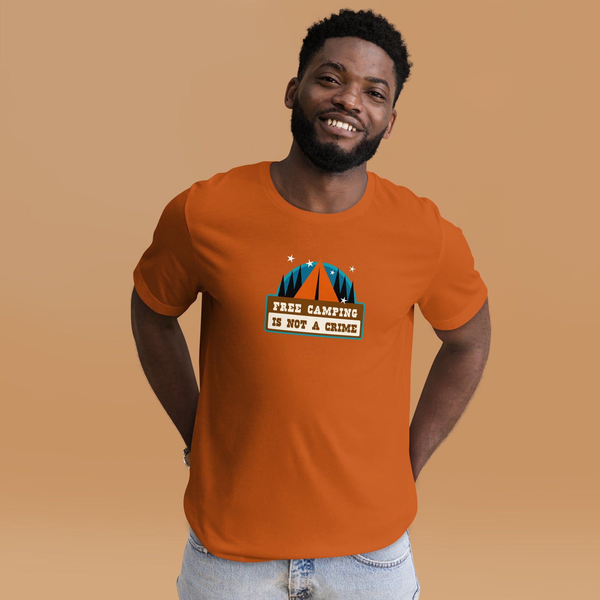 Unisex cotton t-shirt Free Camping is not a Crime on bright colors