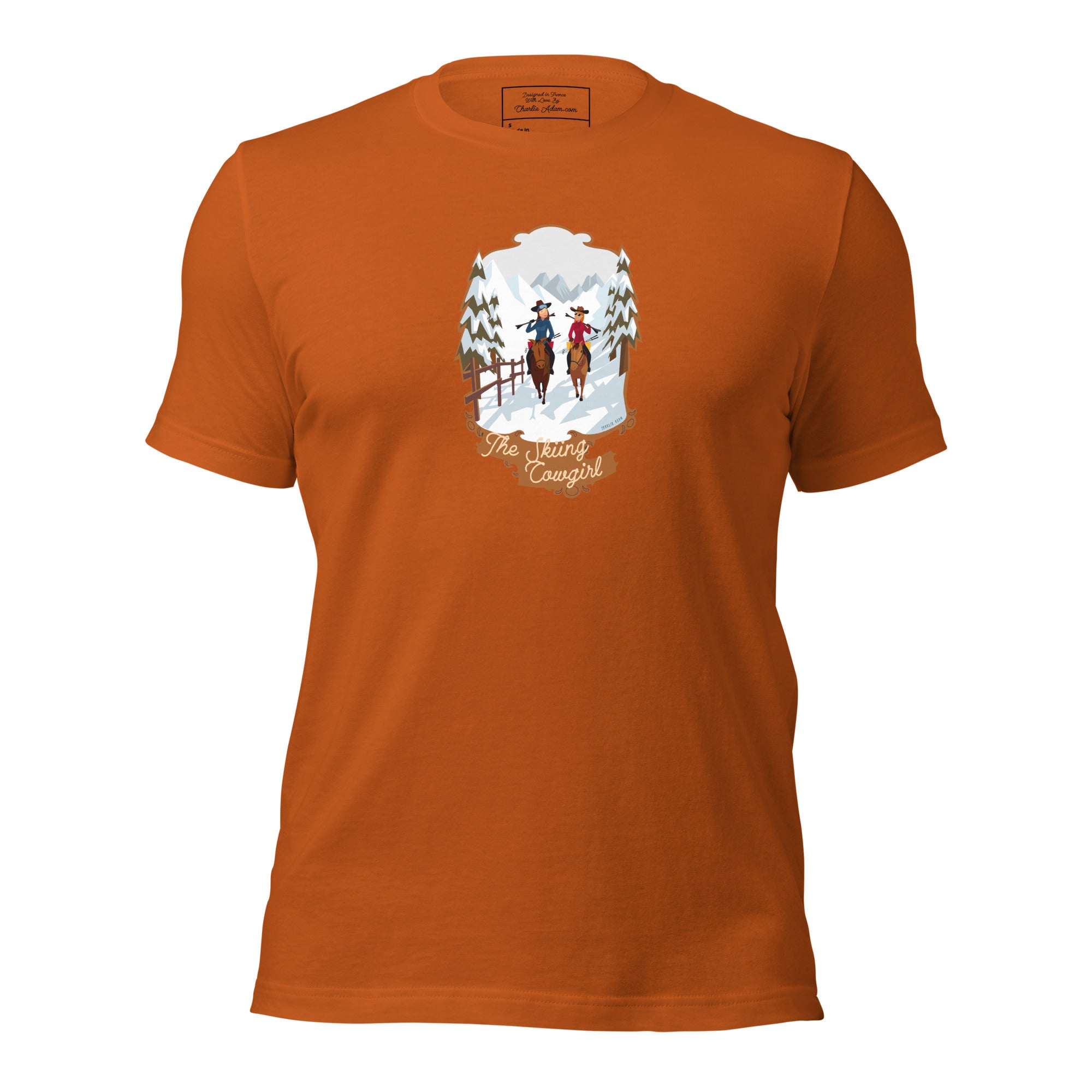 Unisex cotton t-shirt The Skiing Cowgirl on bright colors