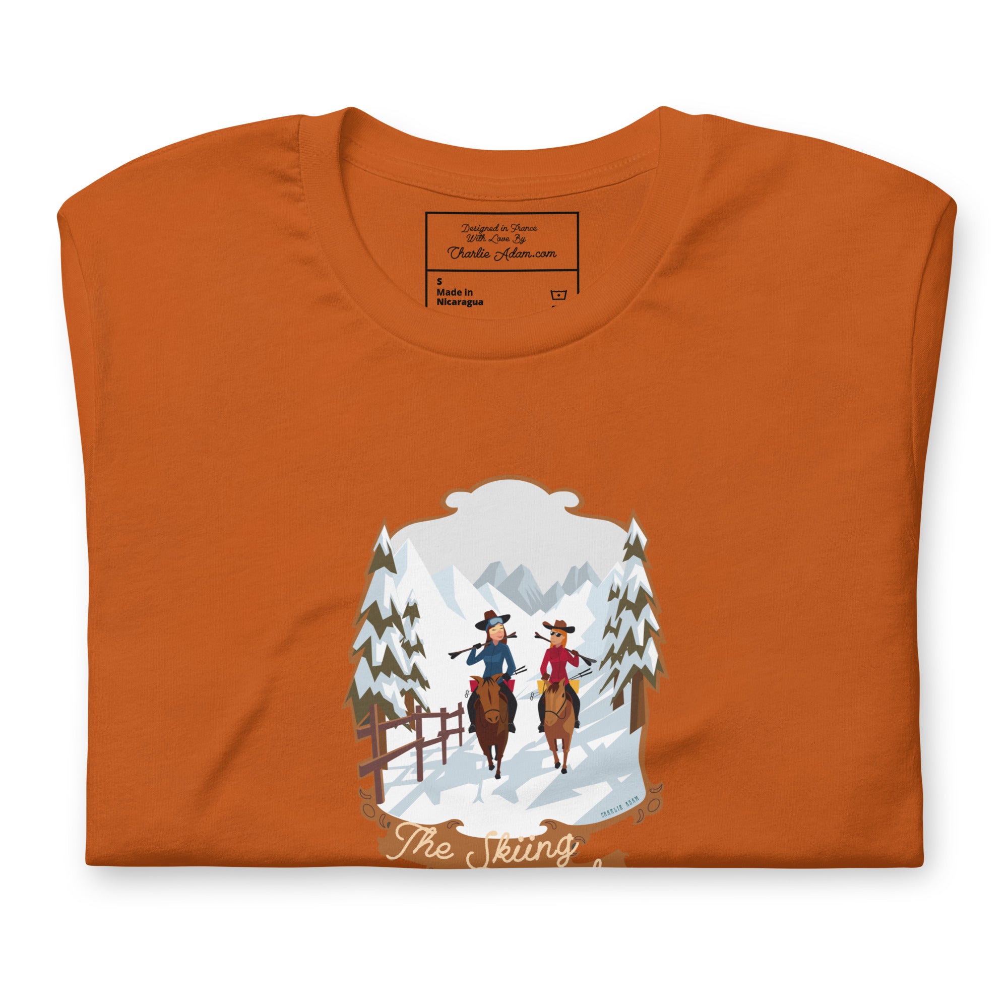 Unisex cotton t-shirt The Skiing Cowgirl on bright colors