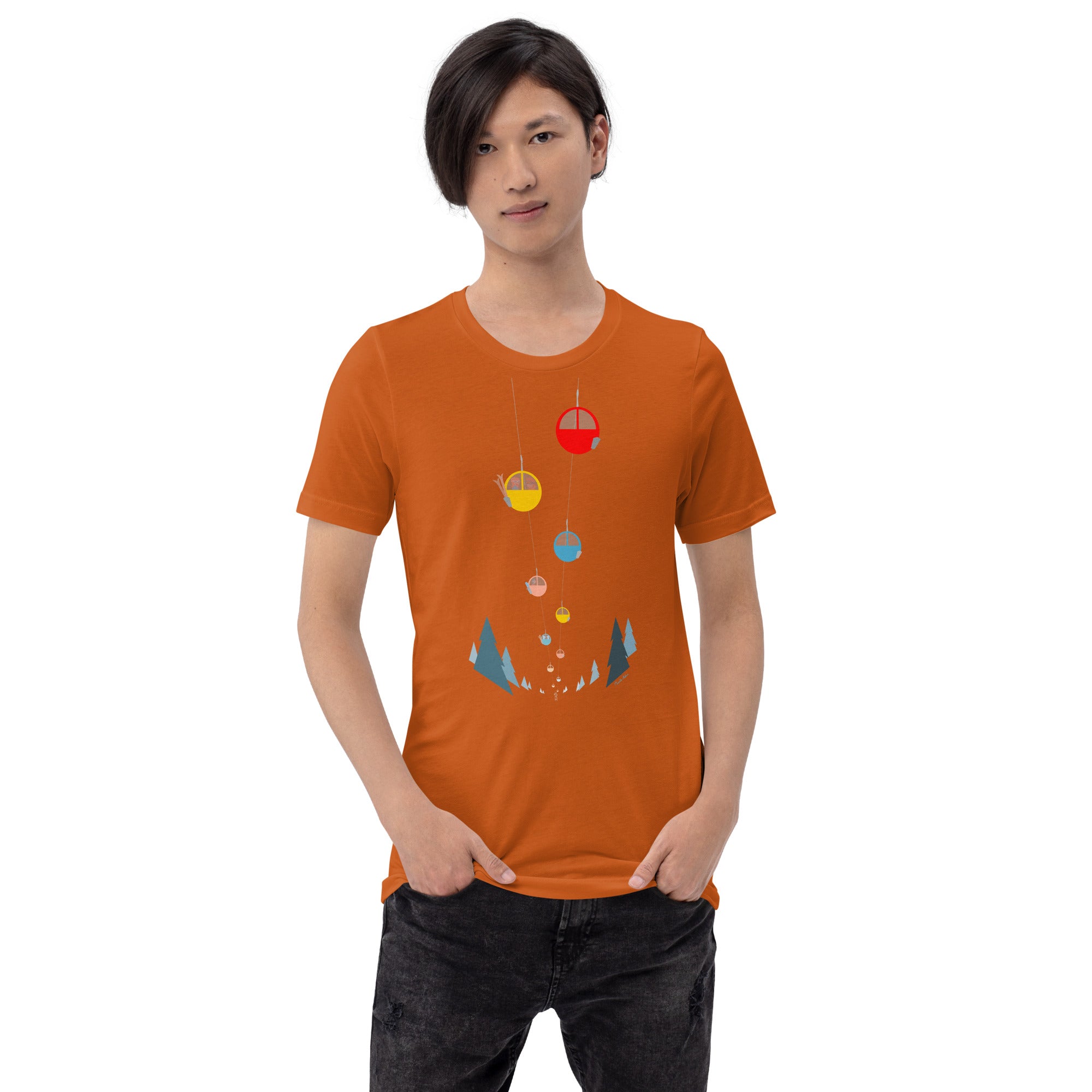 Unisex cotton t-shirt Gondolas in the mist on bright colors