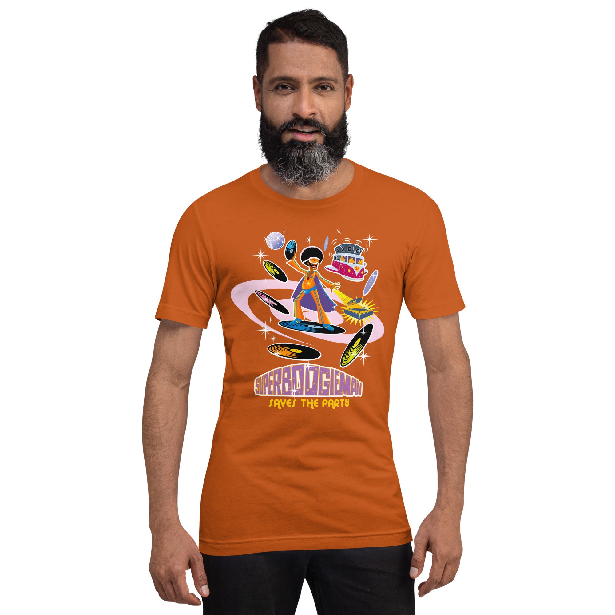 Unisex cotton t-shirt Superboogieman saves the Party on bright colors