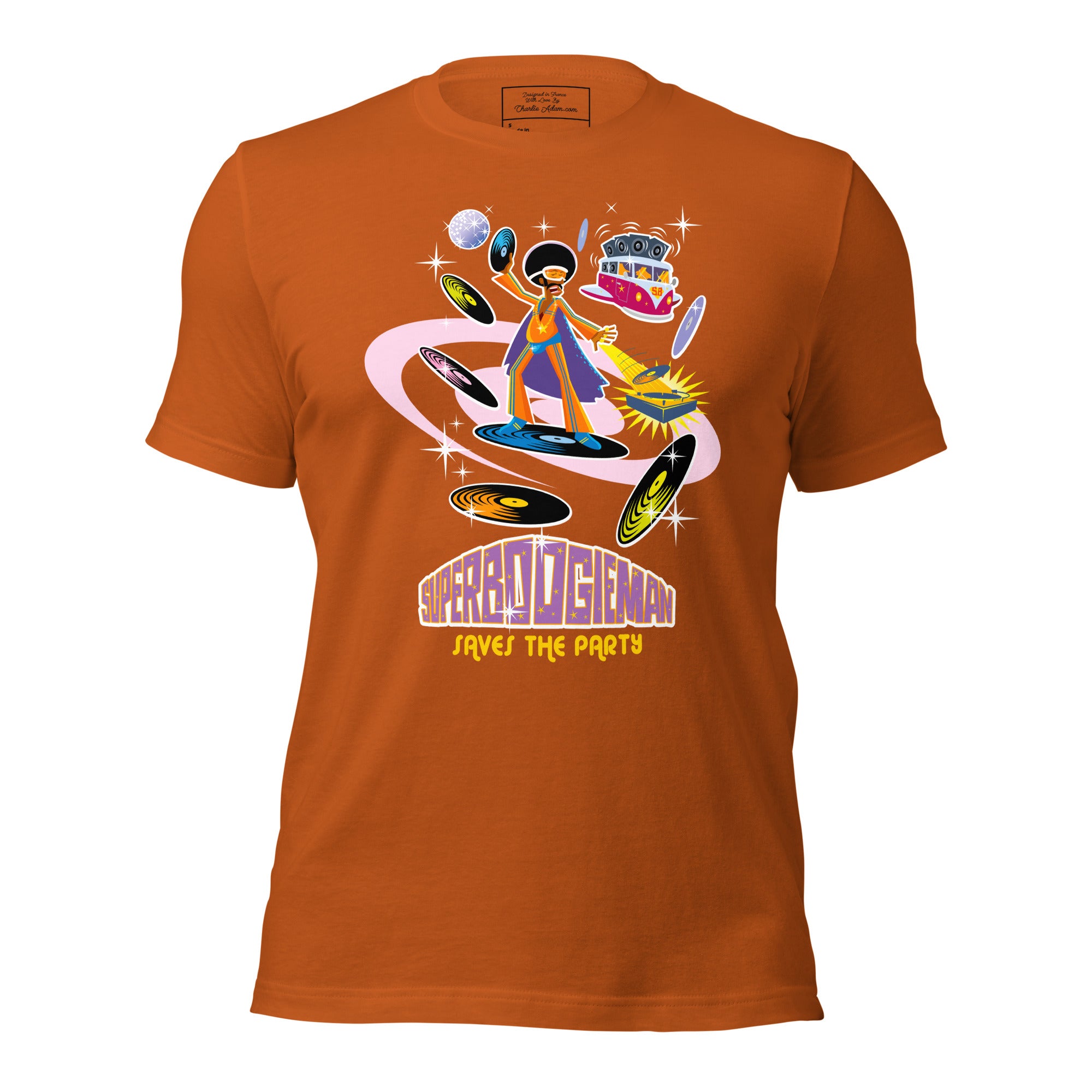 Unisex cotton t-shirt Superboogieman saves the Party on bright colors