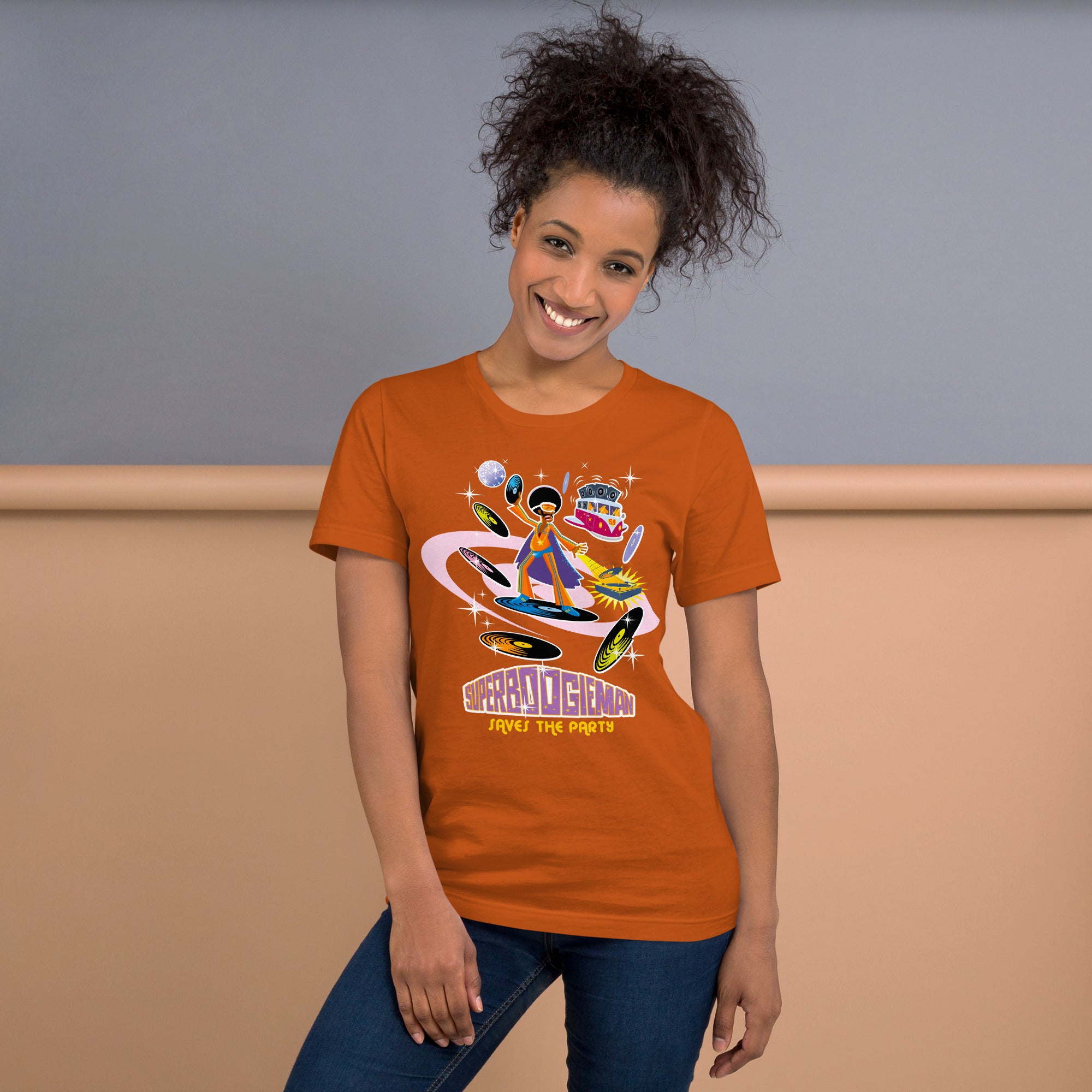 Unisex cotton t-shirt Superboogieman saves the Party on bright colors