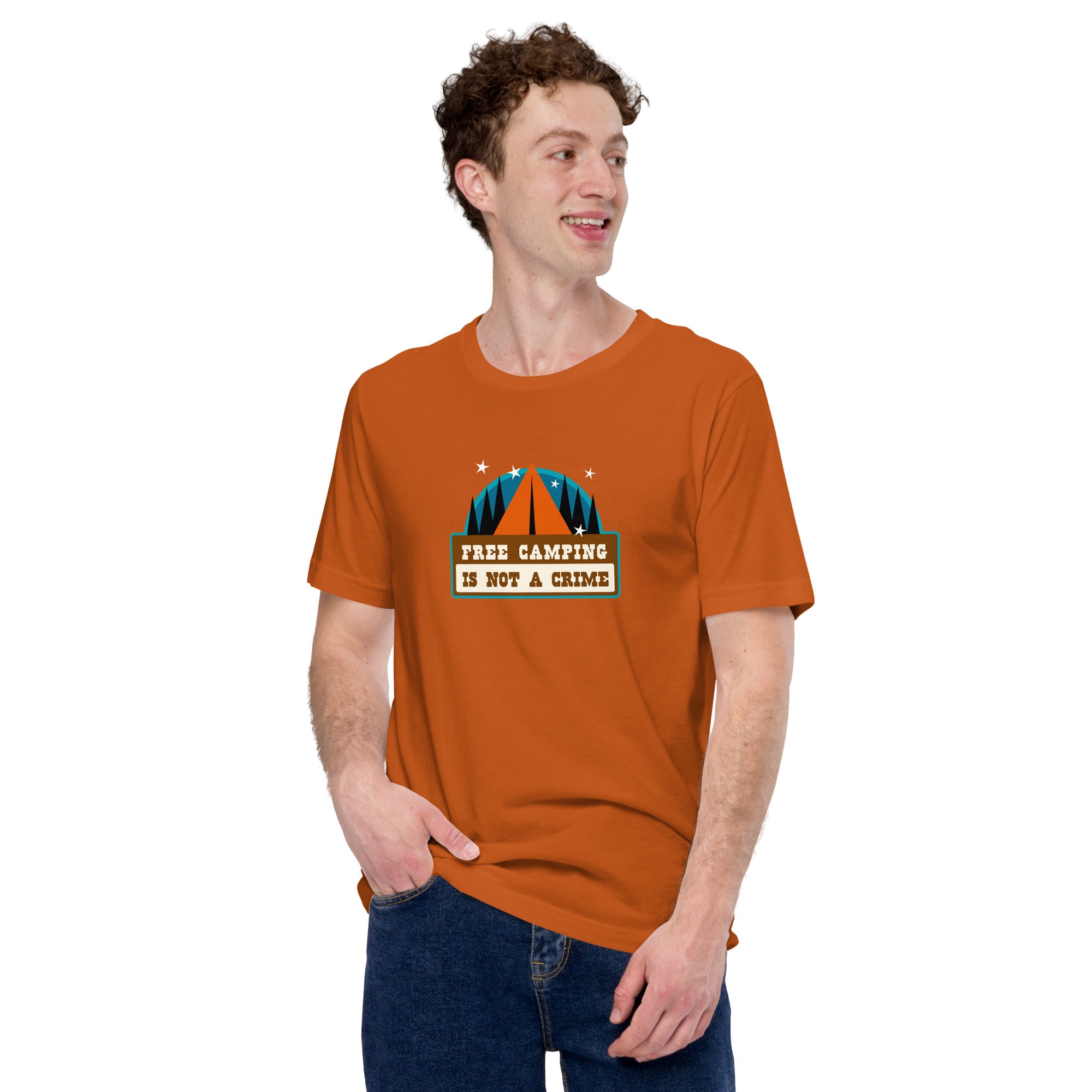 Unisex cotton t-shirt Free Camping is not a Crime on bright colors