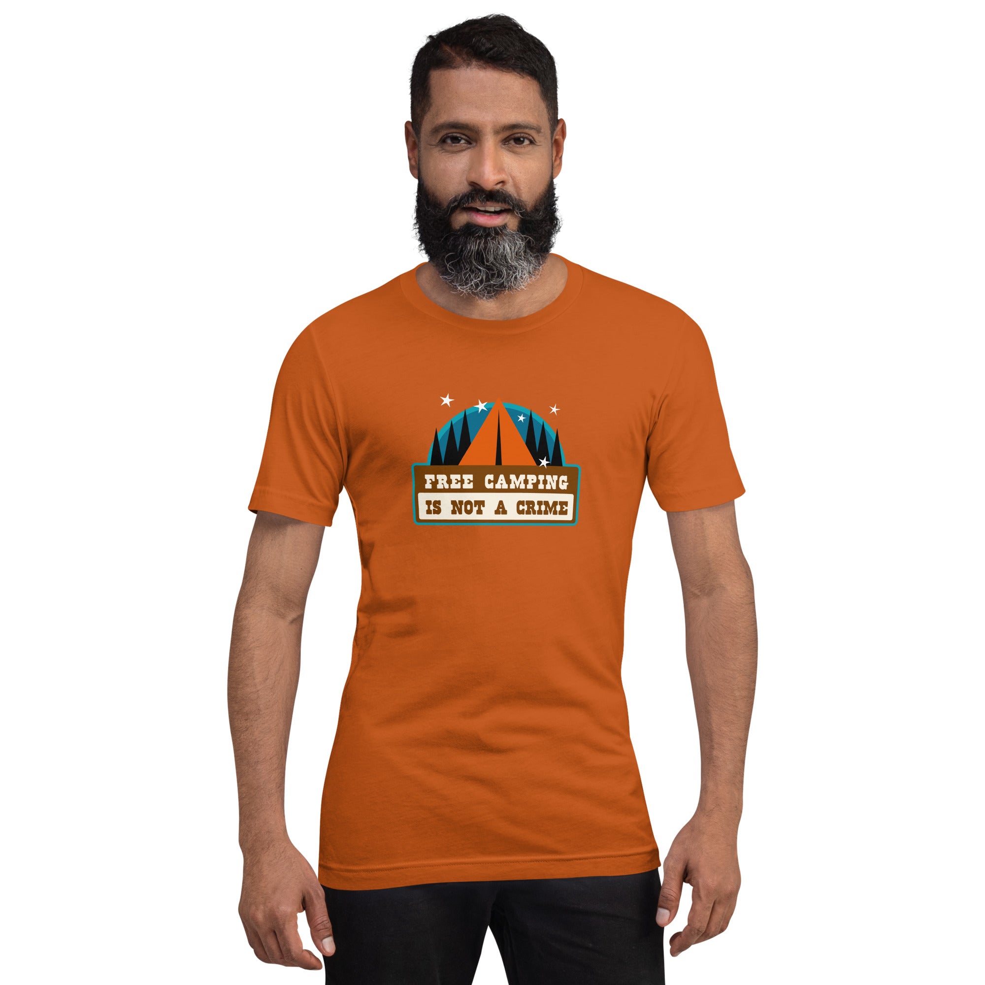 Unisex cotton t-shirt Free Camping is not a Crime on bright colors