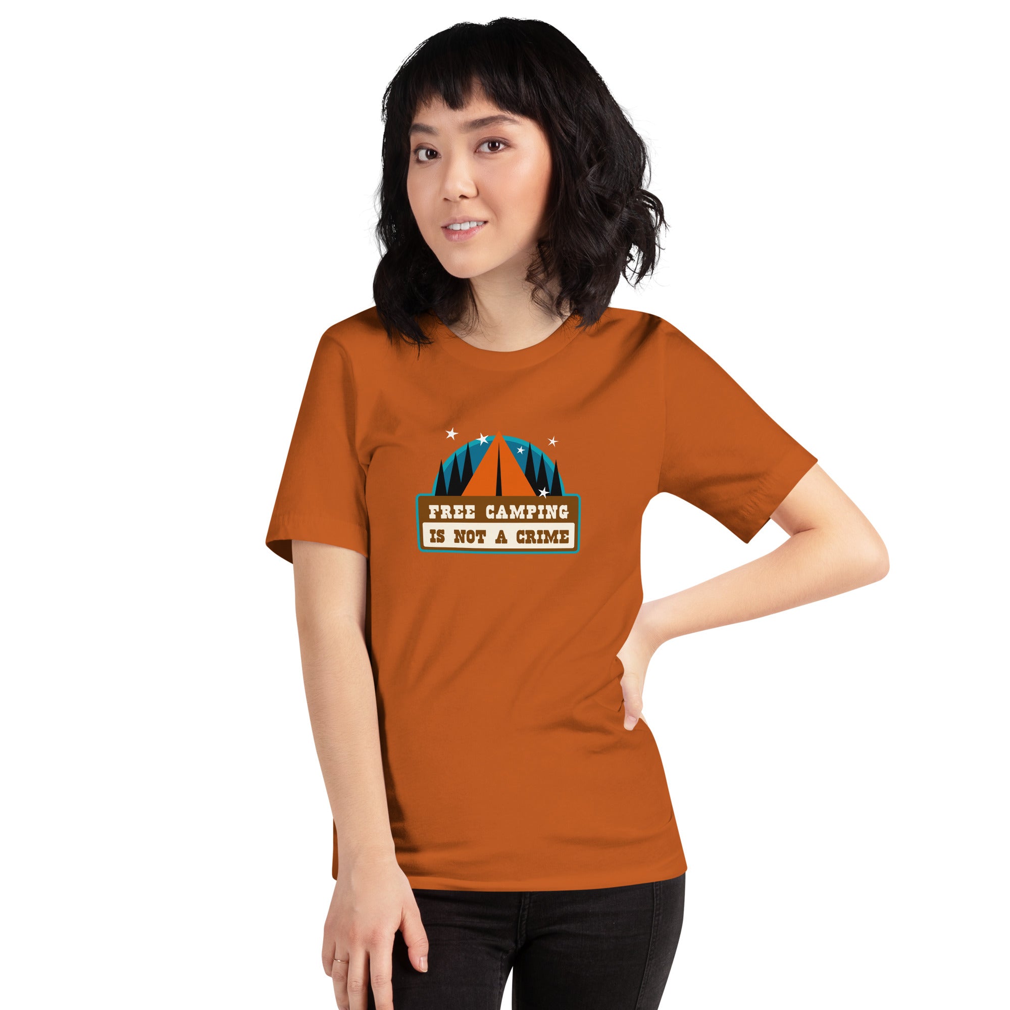 Unisex cotton t-shirt Free Camping is not a Crime on bright colors