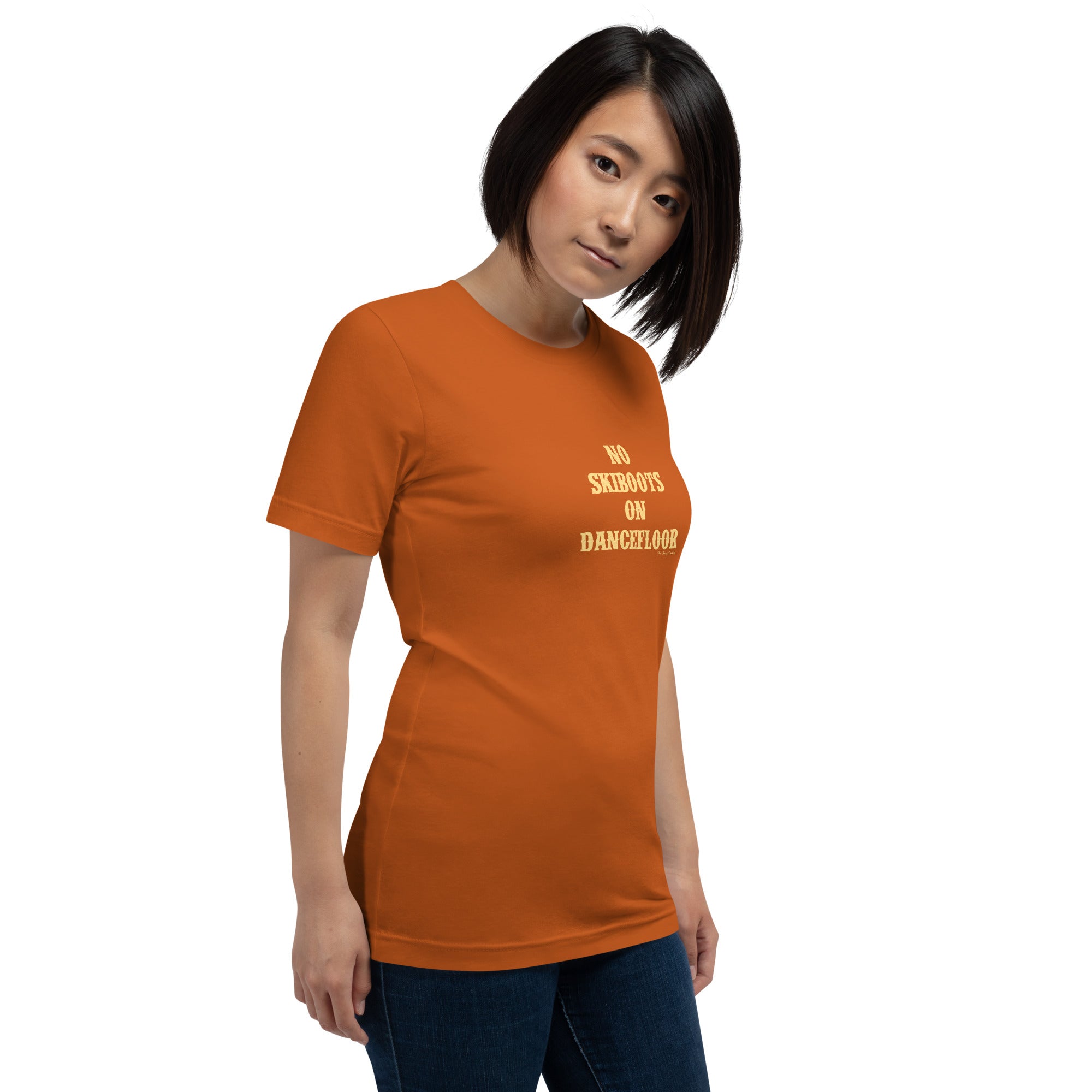 Unisex t-shirt No Skiboots on Dancefloor on bright colors