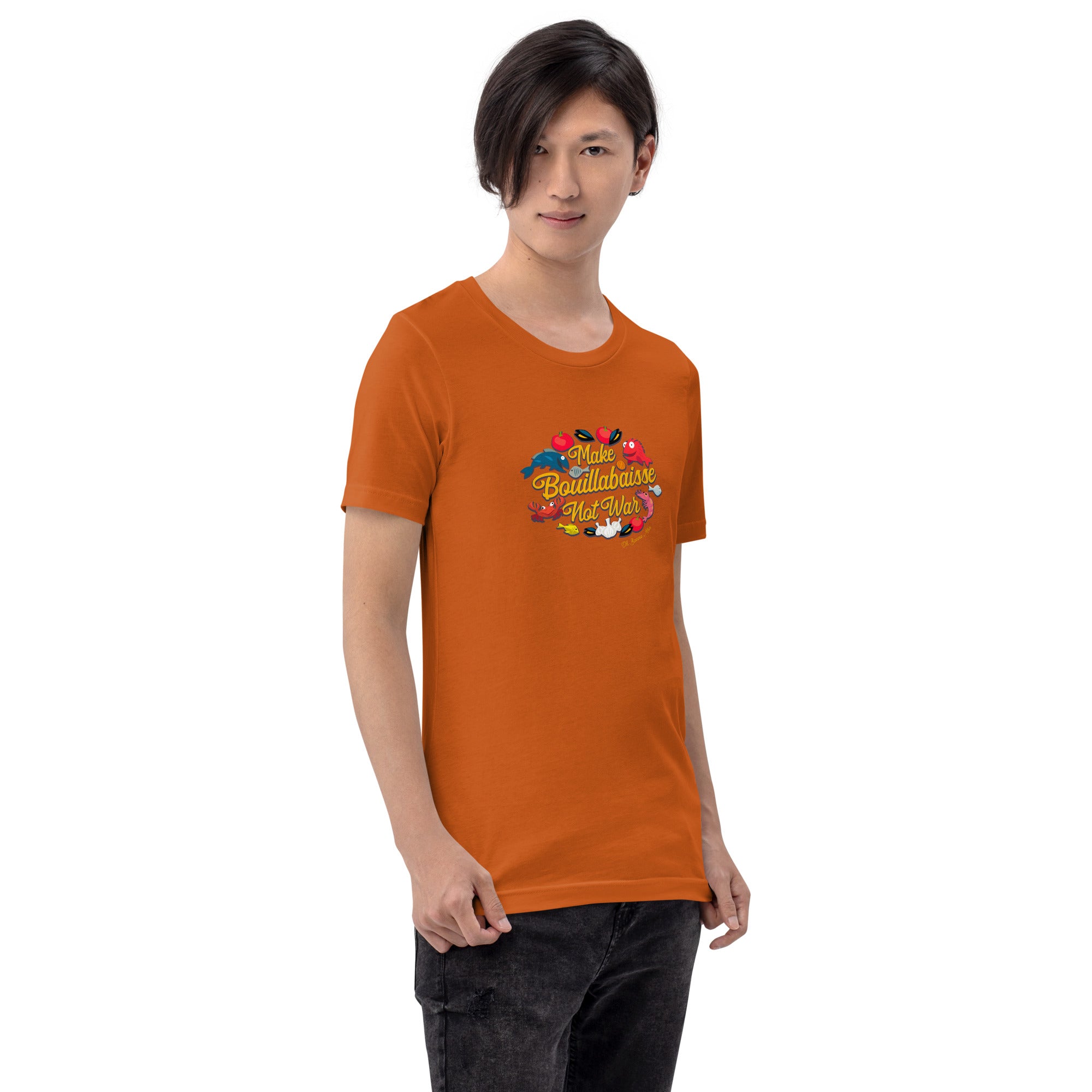 T-shirt en coton unisexe Make Bouillabaisse Not War sur couleurs vives