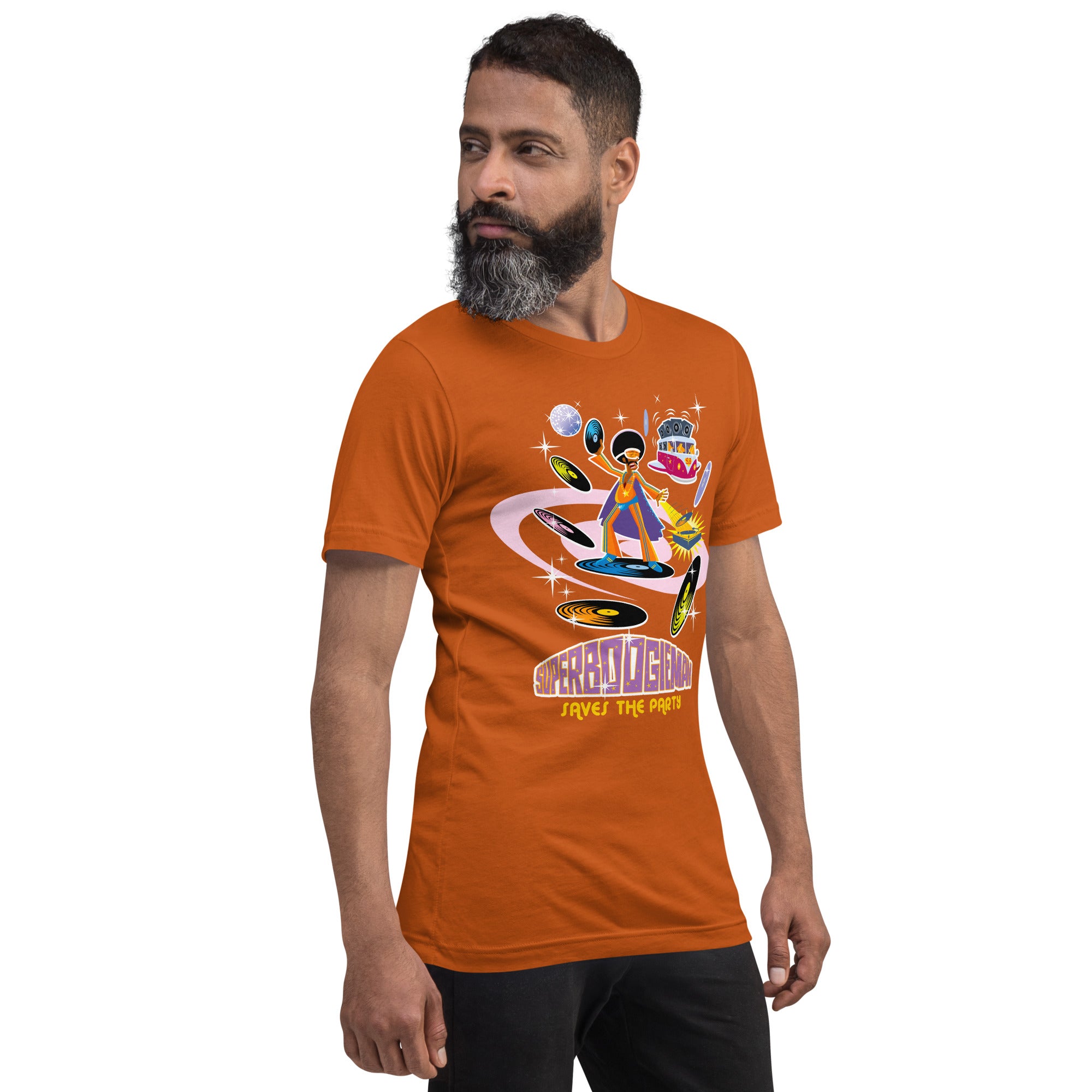 Unisex cotton t-shirt Superboogieman saves the Party on bright colors