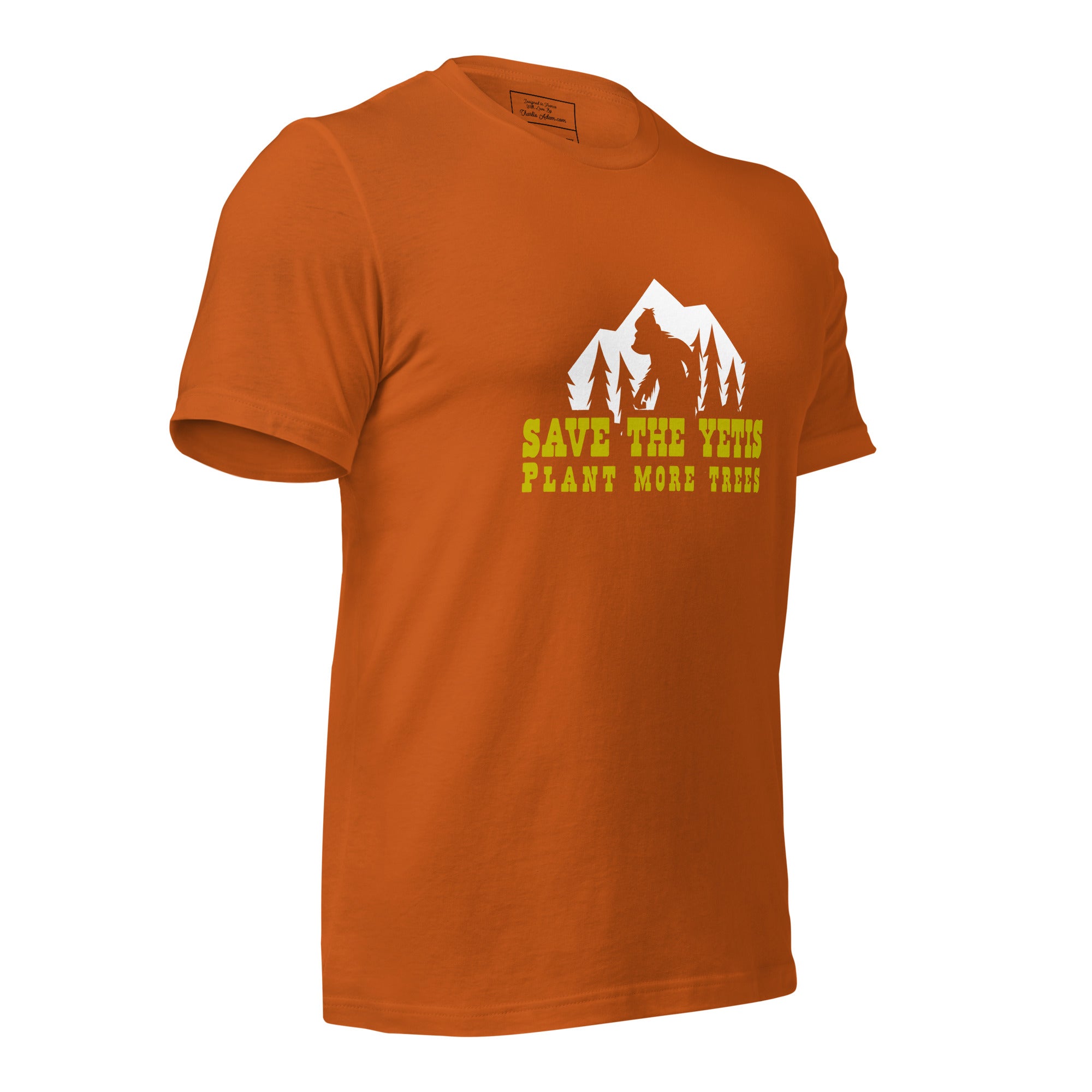 T-shirt en coton unisexe Save the Yetis Plant more Trees sur couleurs vives (face & dos)