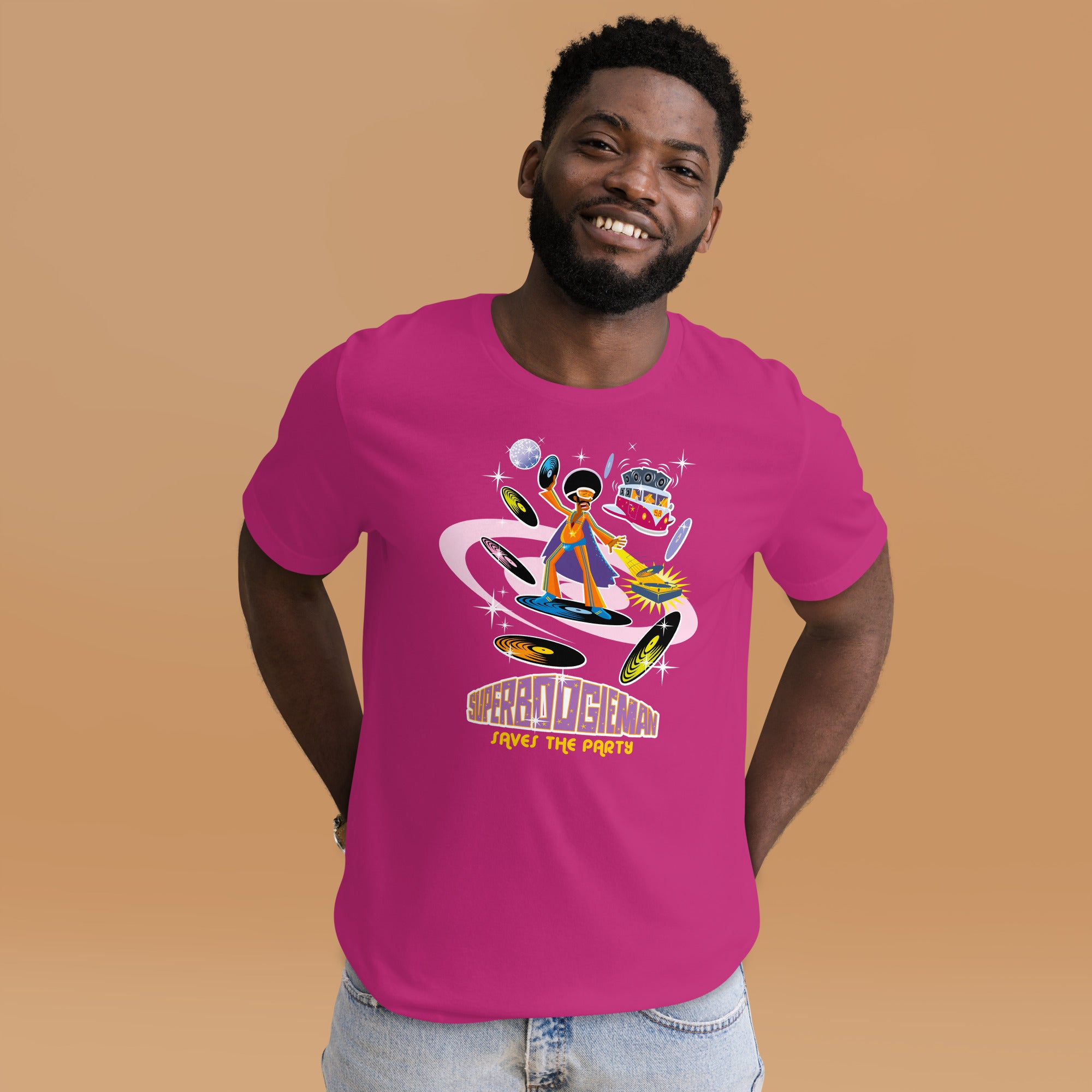 Unisex cotton t-shirt Superboogieman saves the Party on bright colors