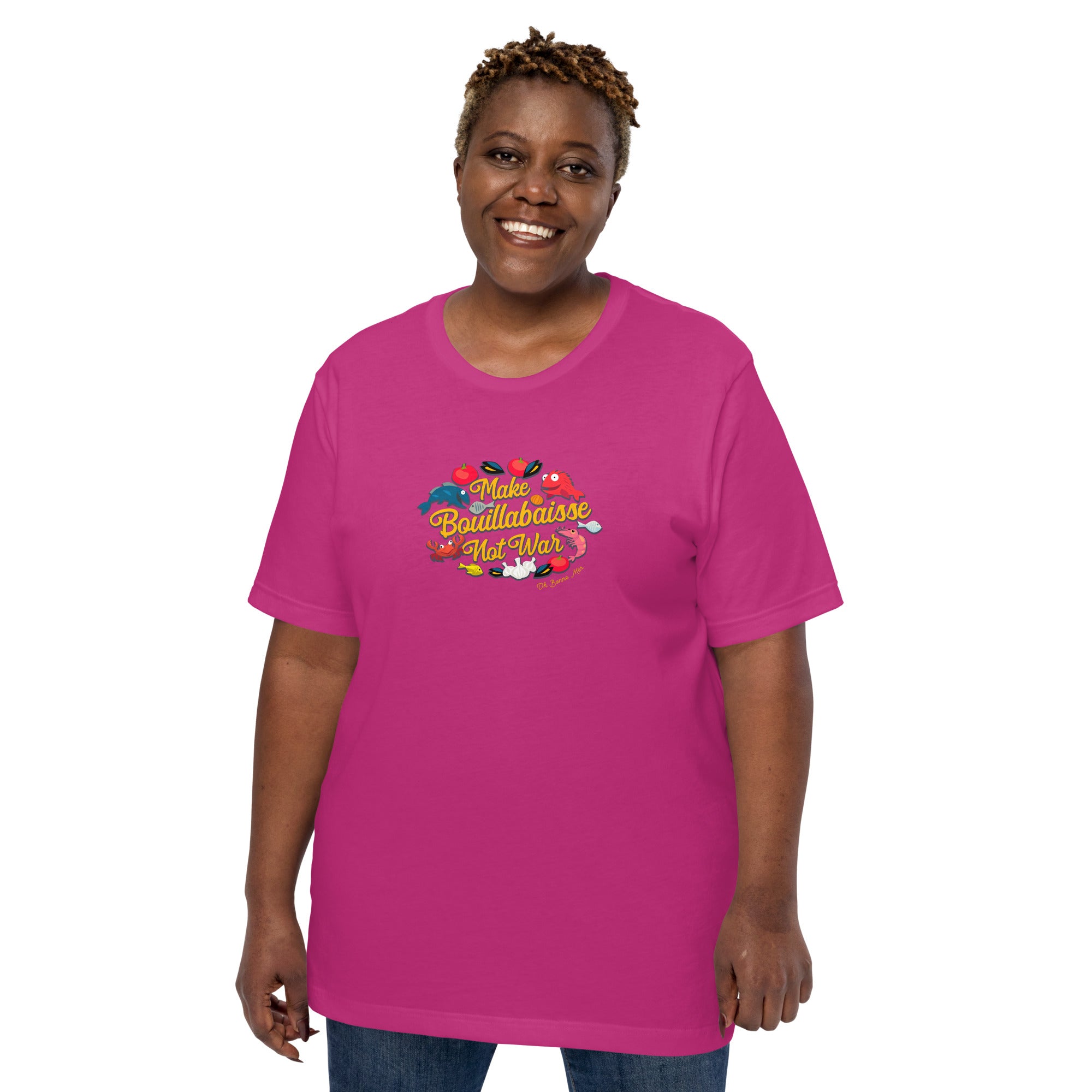 T-shirt en coton unisexe Make Bouillabaisse Not War sur couleurs vives