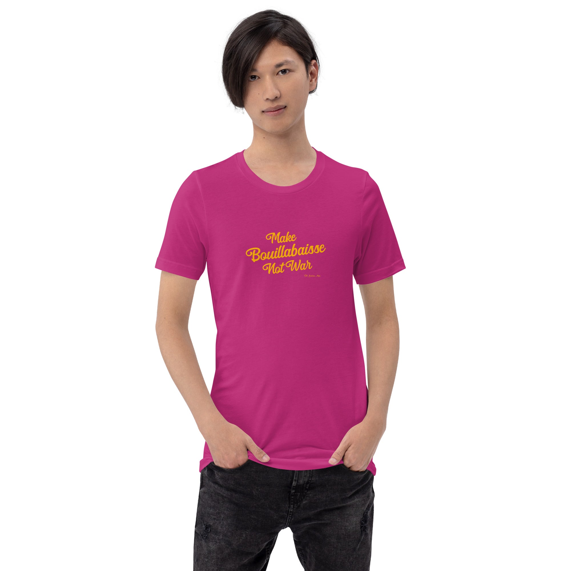 T-shirt en coton unisexe Make Bouillabaisse Not War Text Only sur couleurs vives