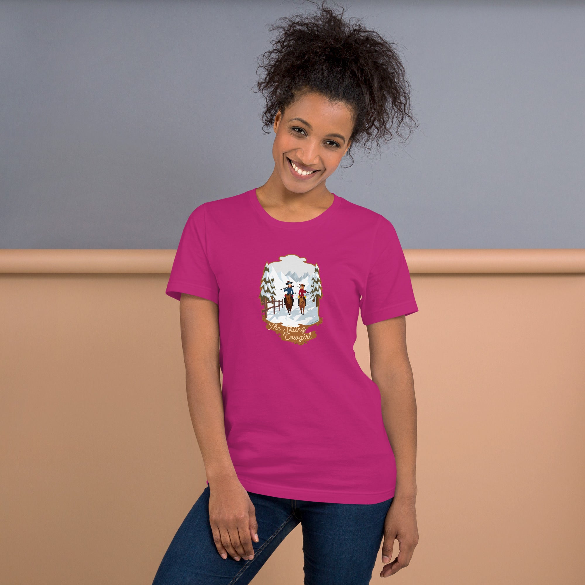 Unisex cotton t-shirt The Skiing Cowgirl on bright colors