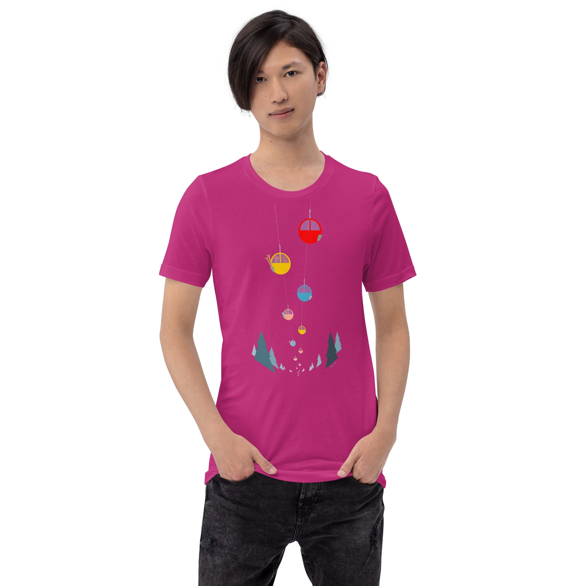 Unisex cotton t-shirt Gondolas in the mist on bright colors