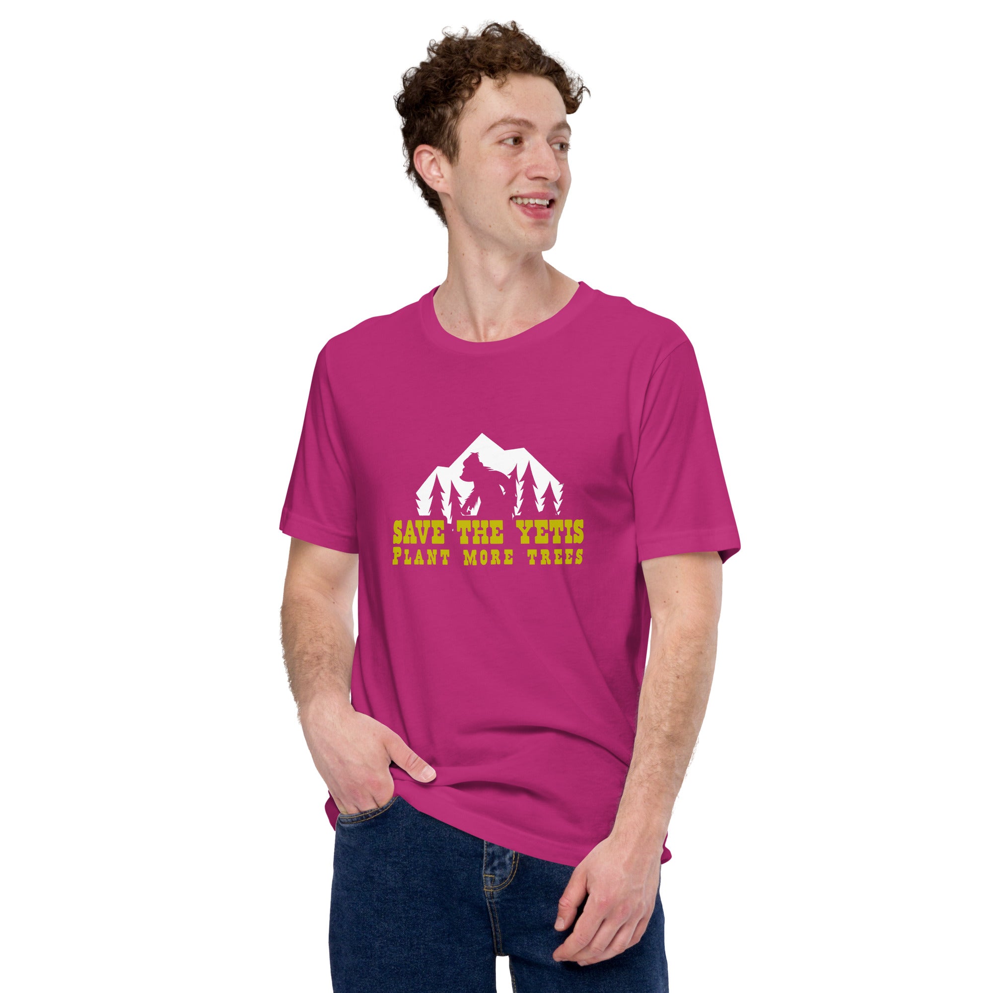 Unisex cotton t-shirt Save the Yetis Plant more Trees on bright colors (front & back)