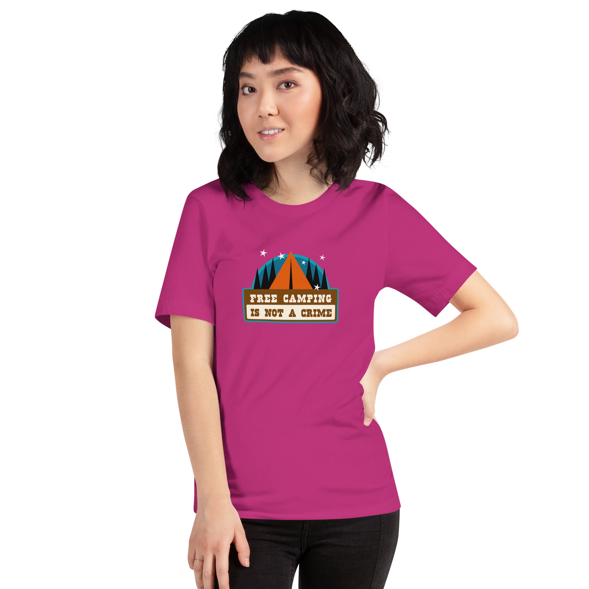 Unisex cotton t-shirt Free Camping is not a Crime on bright colors