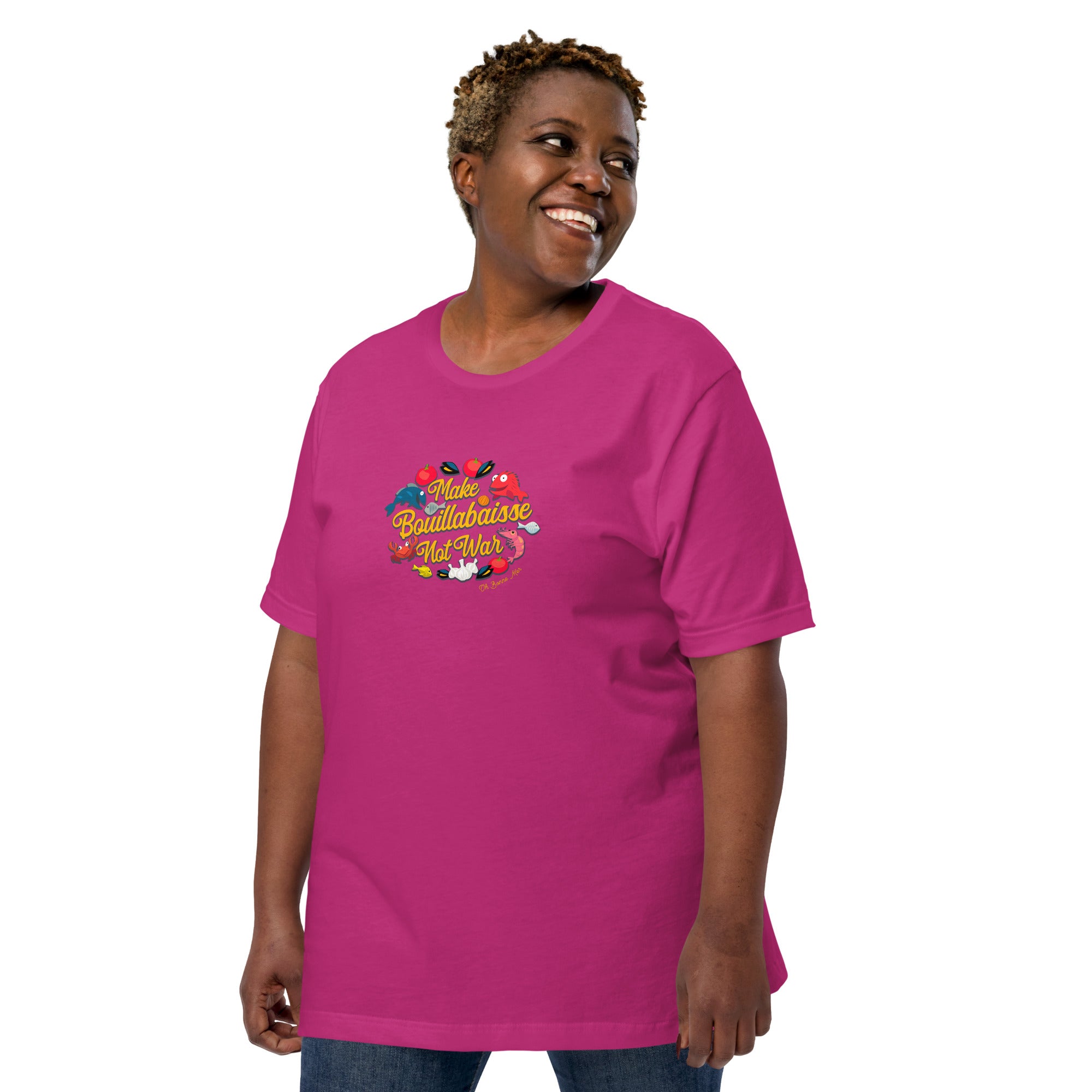 T-shirt en coton unisexe Make Bouillabaisse Not War sur couleurs vives