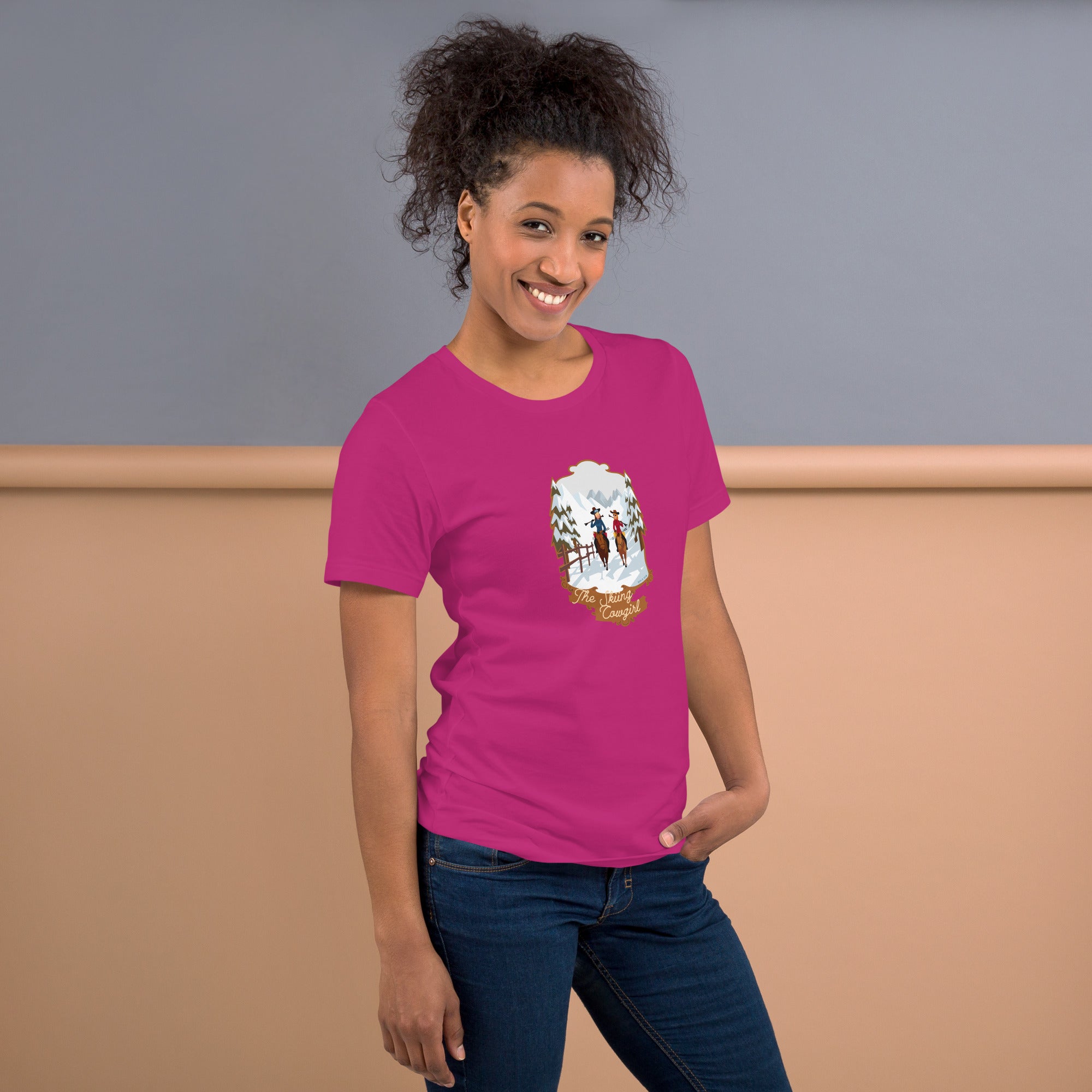 Unisex cotton t-shirt The Skiing Cowgirl on bright colors