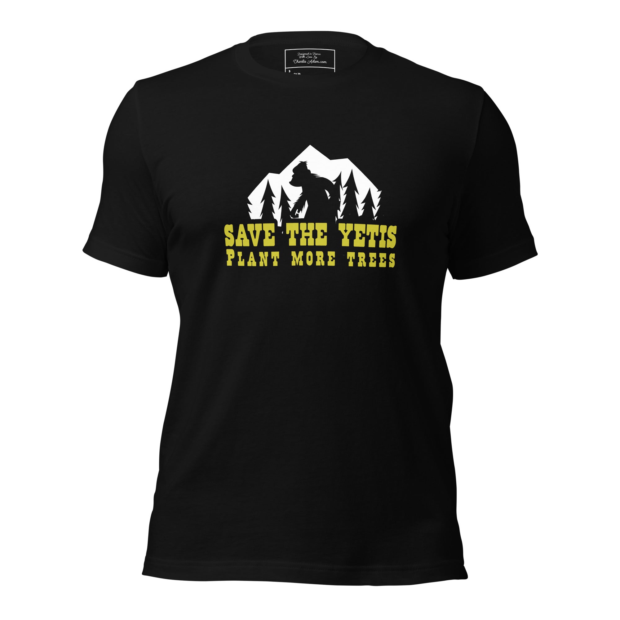 Unisex cotton t-shirt Save the Yetis Plant more Trees on dark colors (front & back)