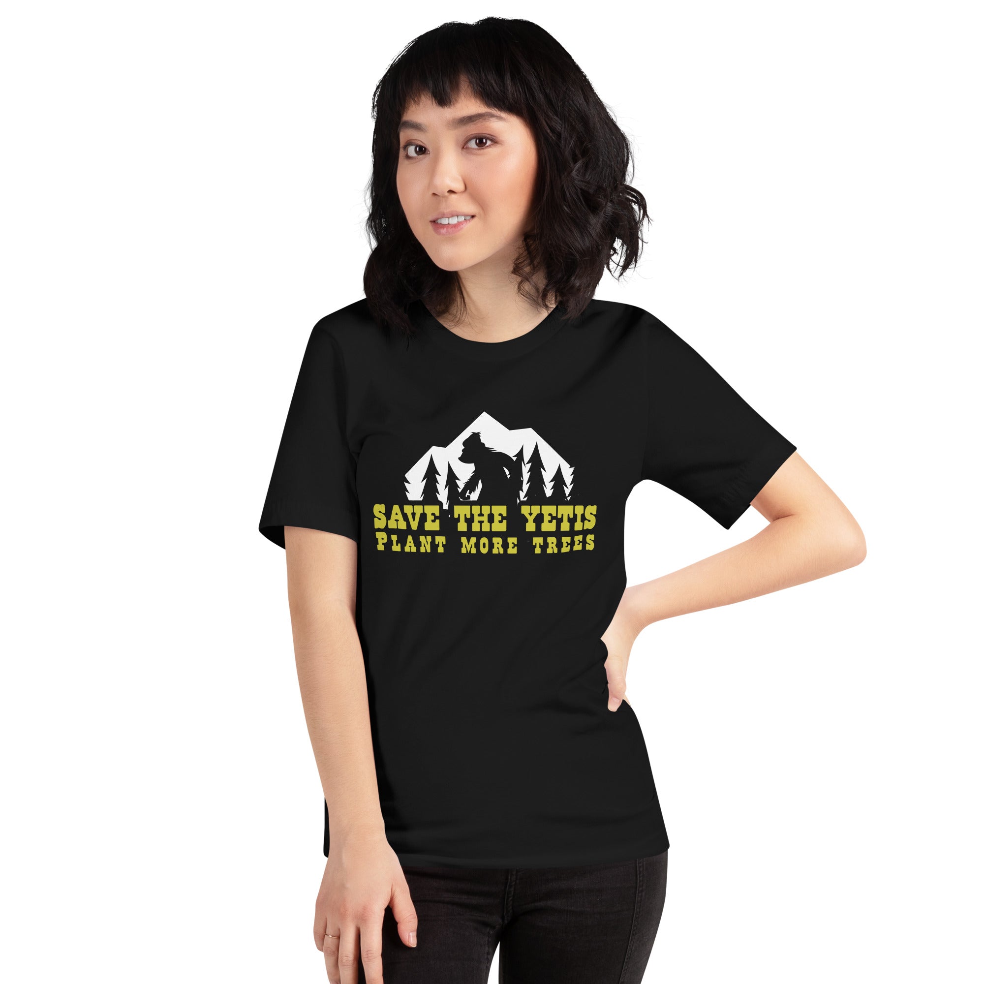 T-shirt en coton unisexe Save the Yetis Plant more Trees sur couleurs foncées