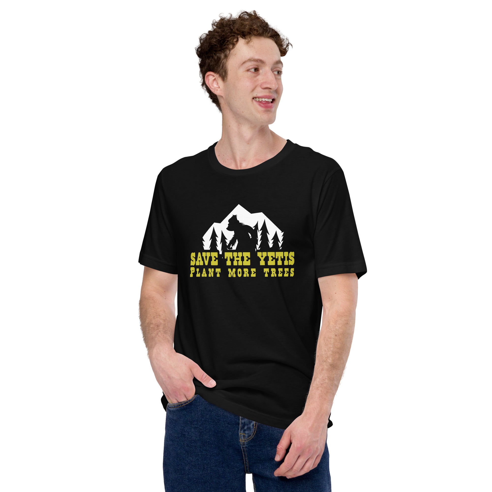 Unisex cotton t-shirt Save the Yetis Plant more Trees on dark colors