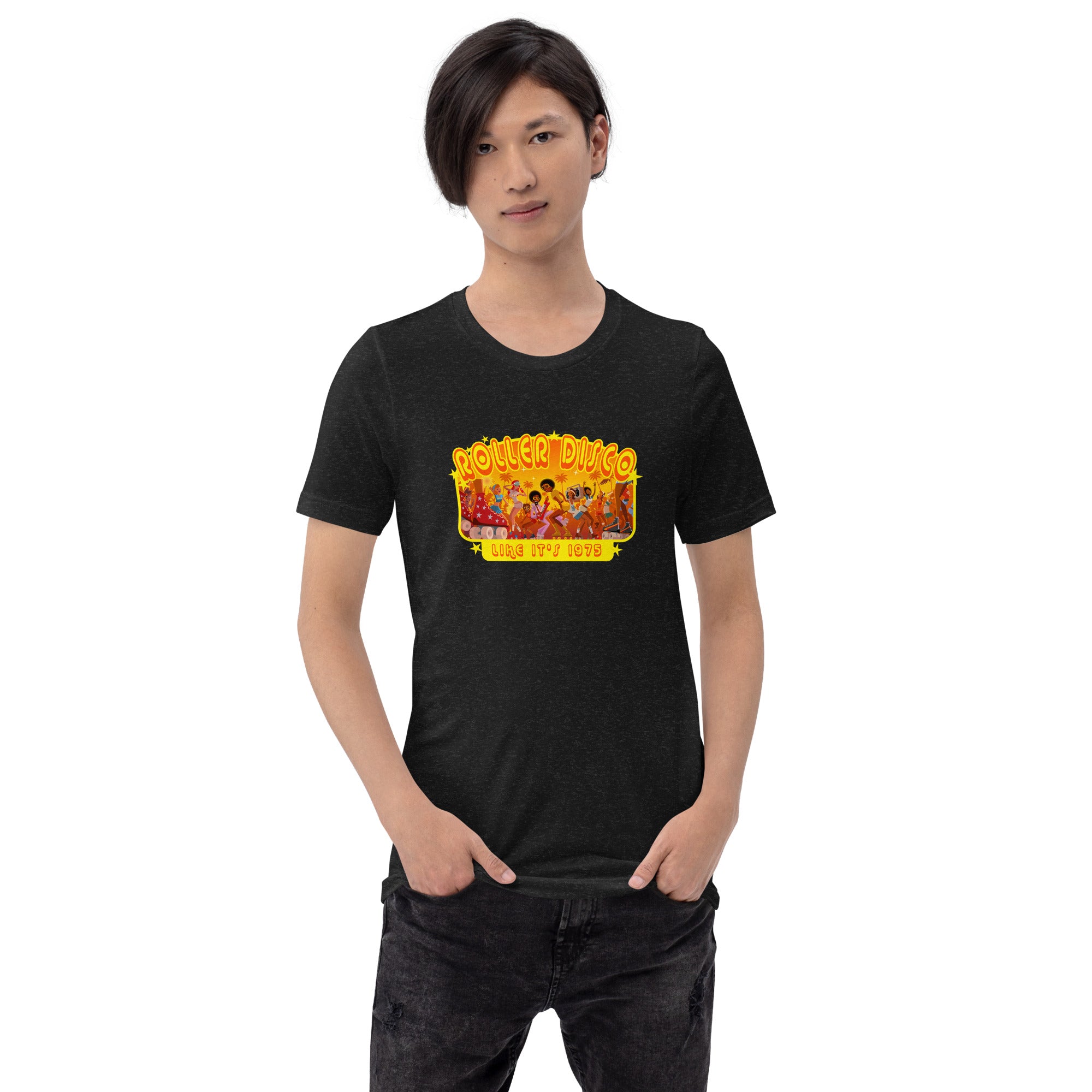 T-shirt en coton unisexe Roller Disco 1975 sur couleurs chinées foncées