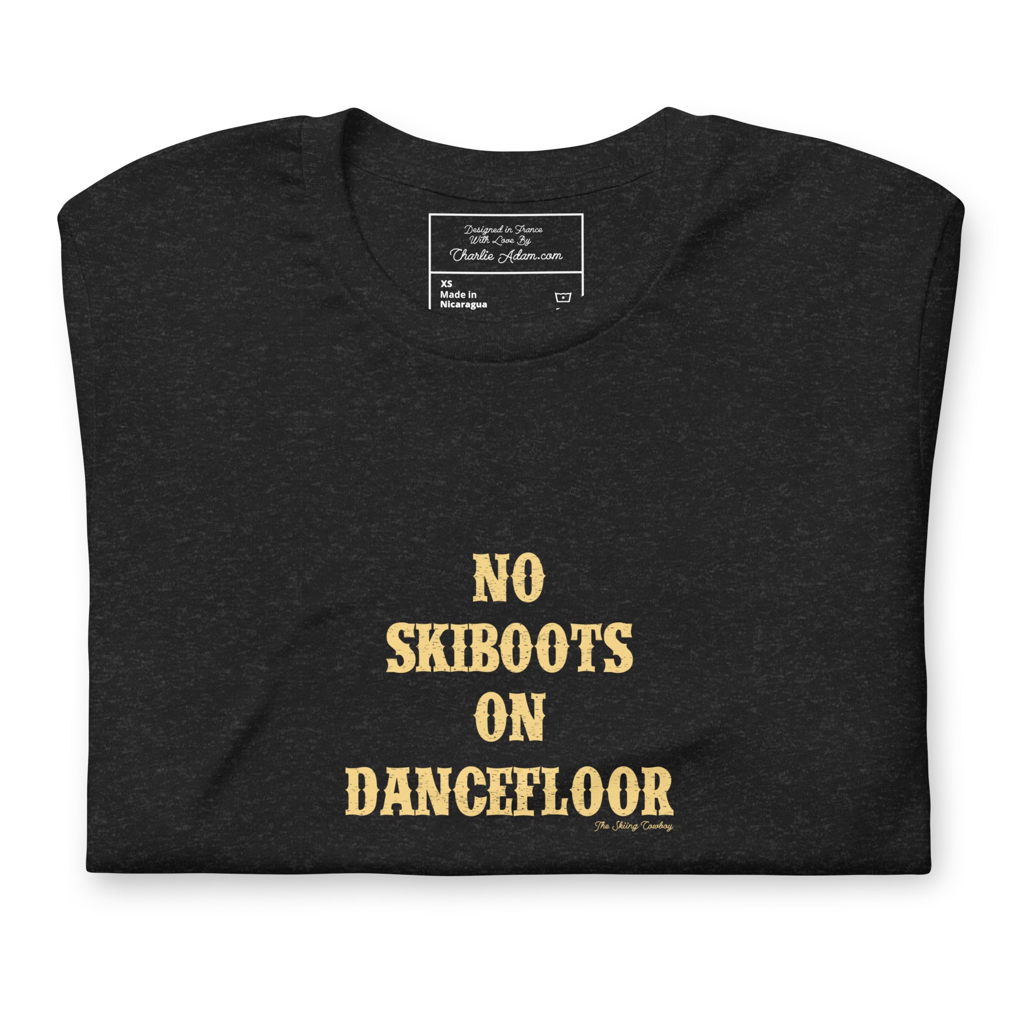 Unisex t-shirt No Skiboots on Dancefloor on dark heather colors