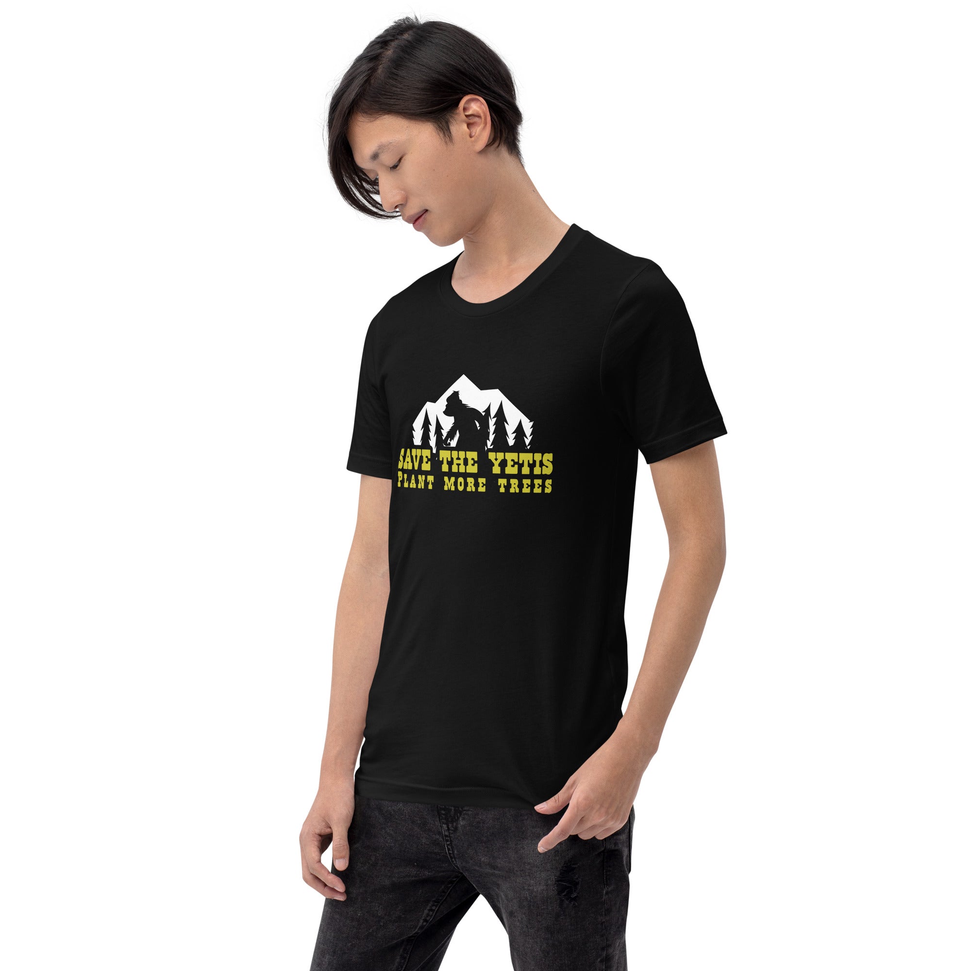 Unisex cotton t-shirt Save the Yetis Plant more Trees on dark colors (front & back)