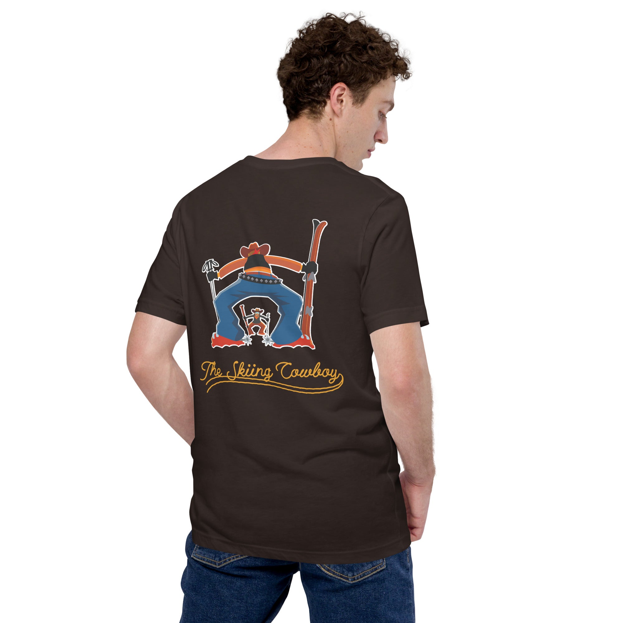 T-shirt en coton unisexe Skiing Cowboy (face) & Ski Fight at OK Corral Outline (dos) sur couleurs foncées