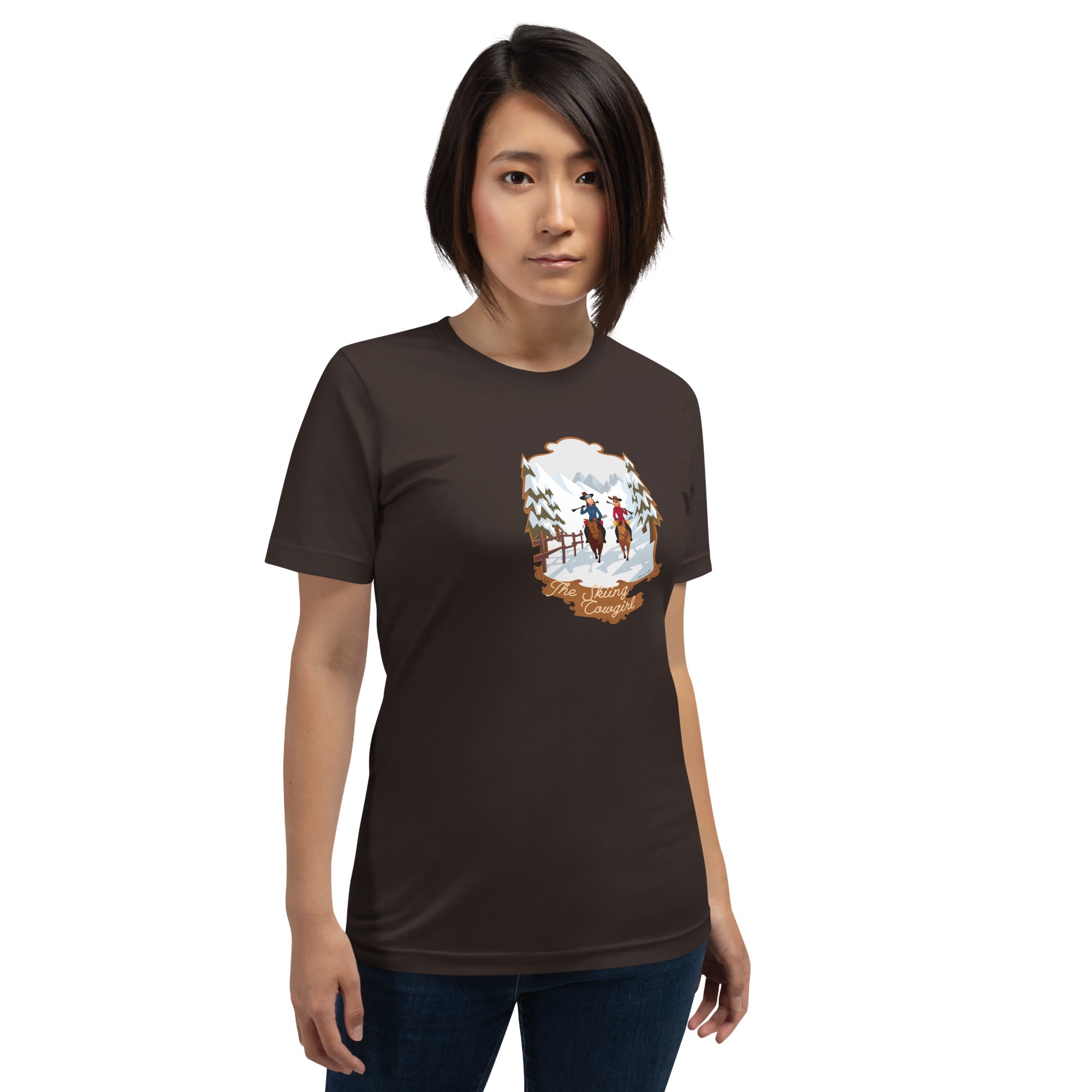 Unisex cotton t-shirt The Skiing Cowgirl on dark colors