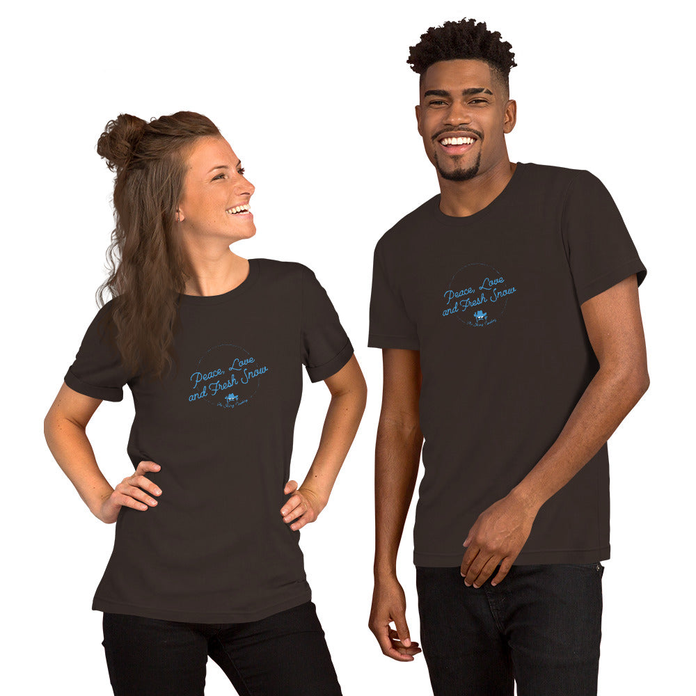 Unisex cotton t-shirt Peace, Love and Fresh Snow on dark colors